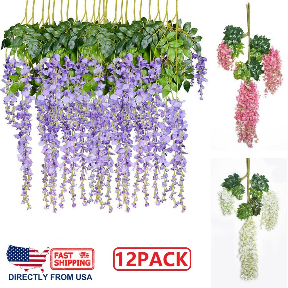 12PCS Artificial Wisteria Hanging Flower Vine Silk Wedding Hanging Decor 3.4ft