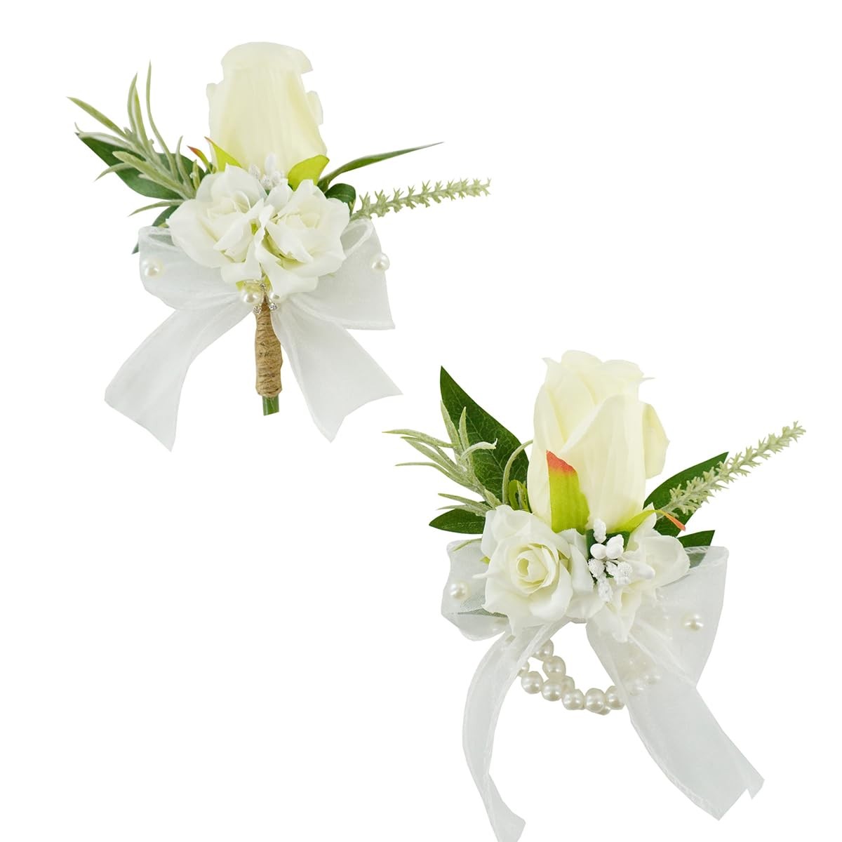 White Corsage And Boutonniere Set Wedding Prom Artificial Rose Flower 2 PC