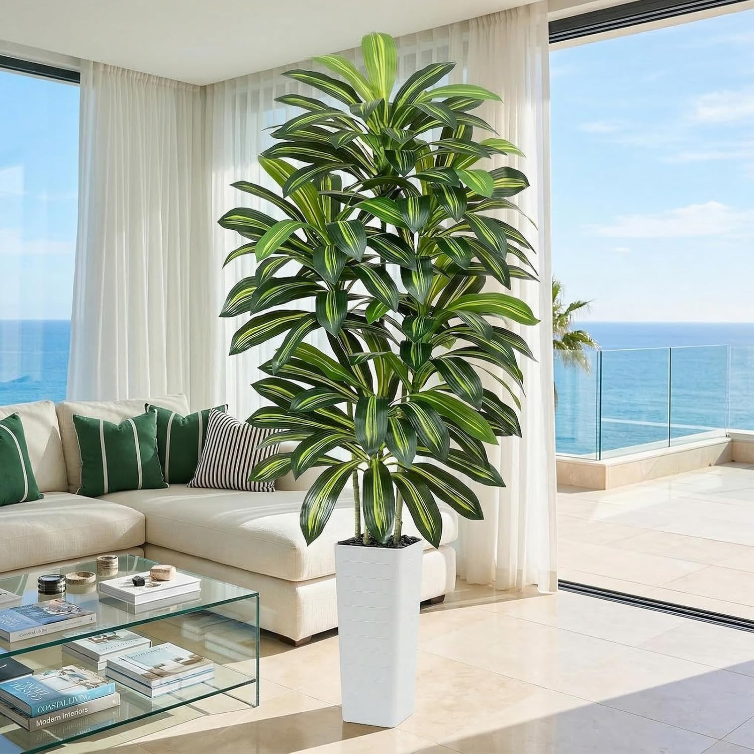 Artificial Dracaena Tree – 7FT Tall Fake Plants with White Tall Planter – Artifi