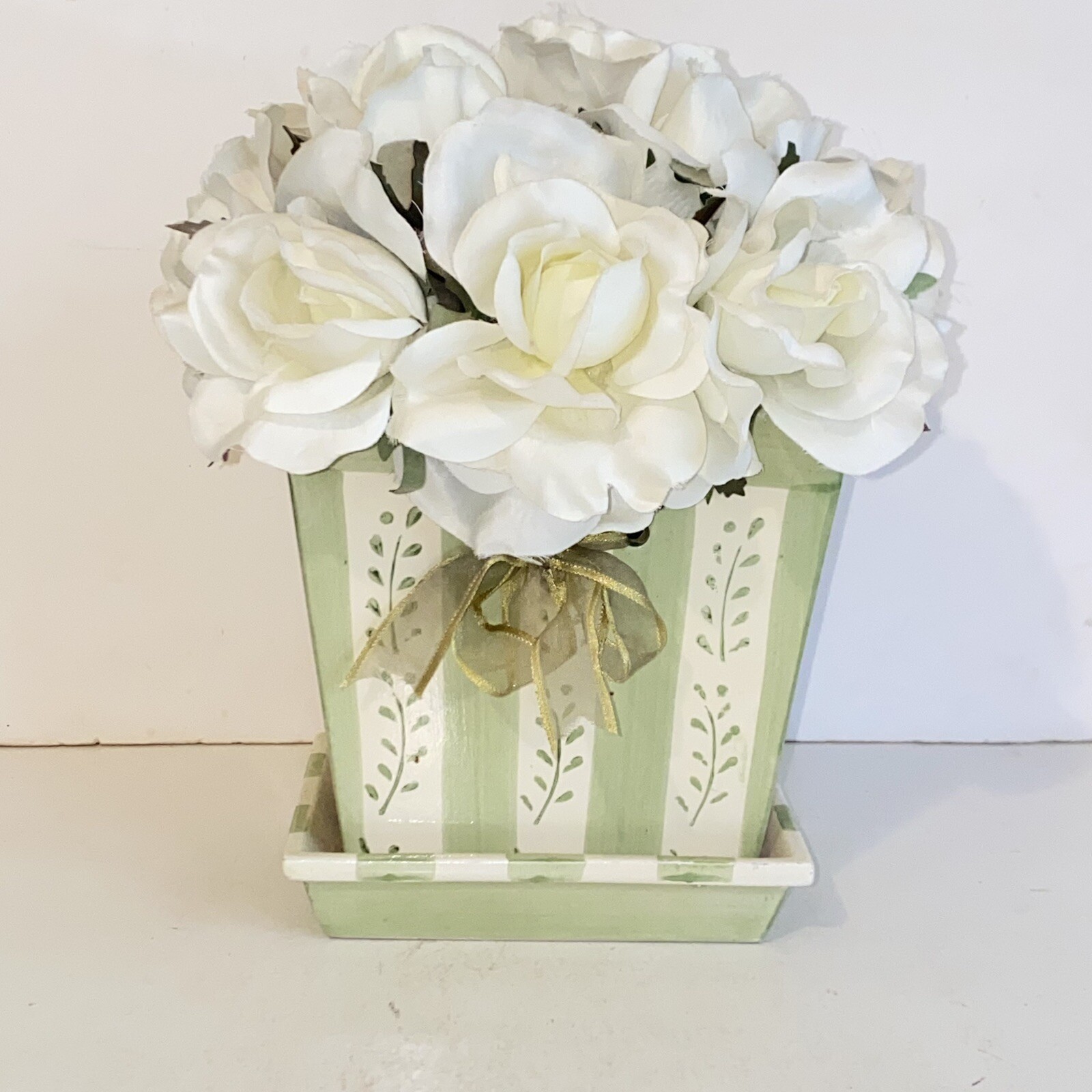 White Rose Floral Arrangement in Green & White Ceramic Holder Vase Planter