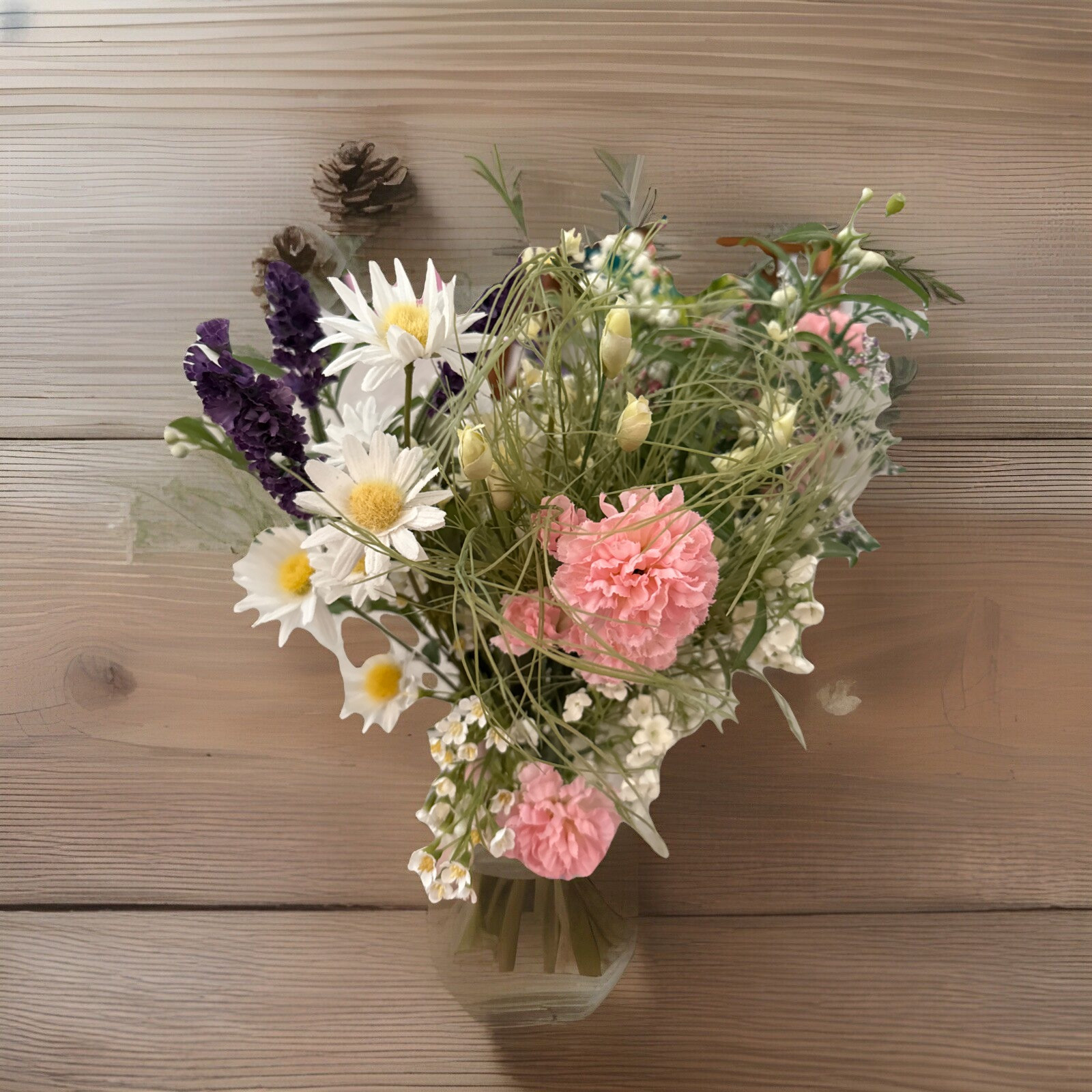 Floral Arrangement Bouquet Flowers Pink Purple White Yellow Green Rustic Wild