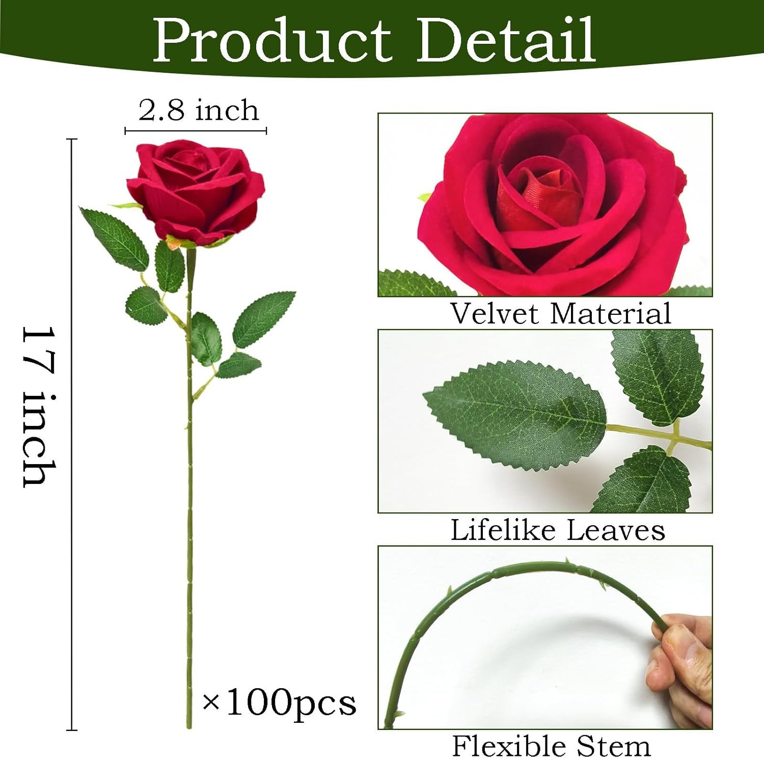 100 Pcs Red Fake Roses Bulk Artificial Flowers, Artificial Velvet Silk Roses Bou