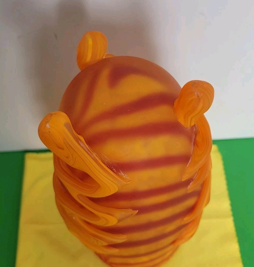 Art Glass 10.25″ x 4.5″ Vase – Orange & Red Swirled Vase With Three Feet