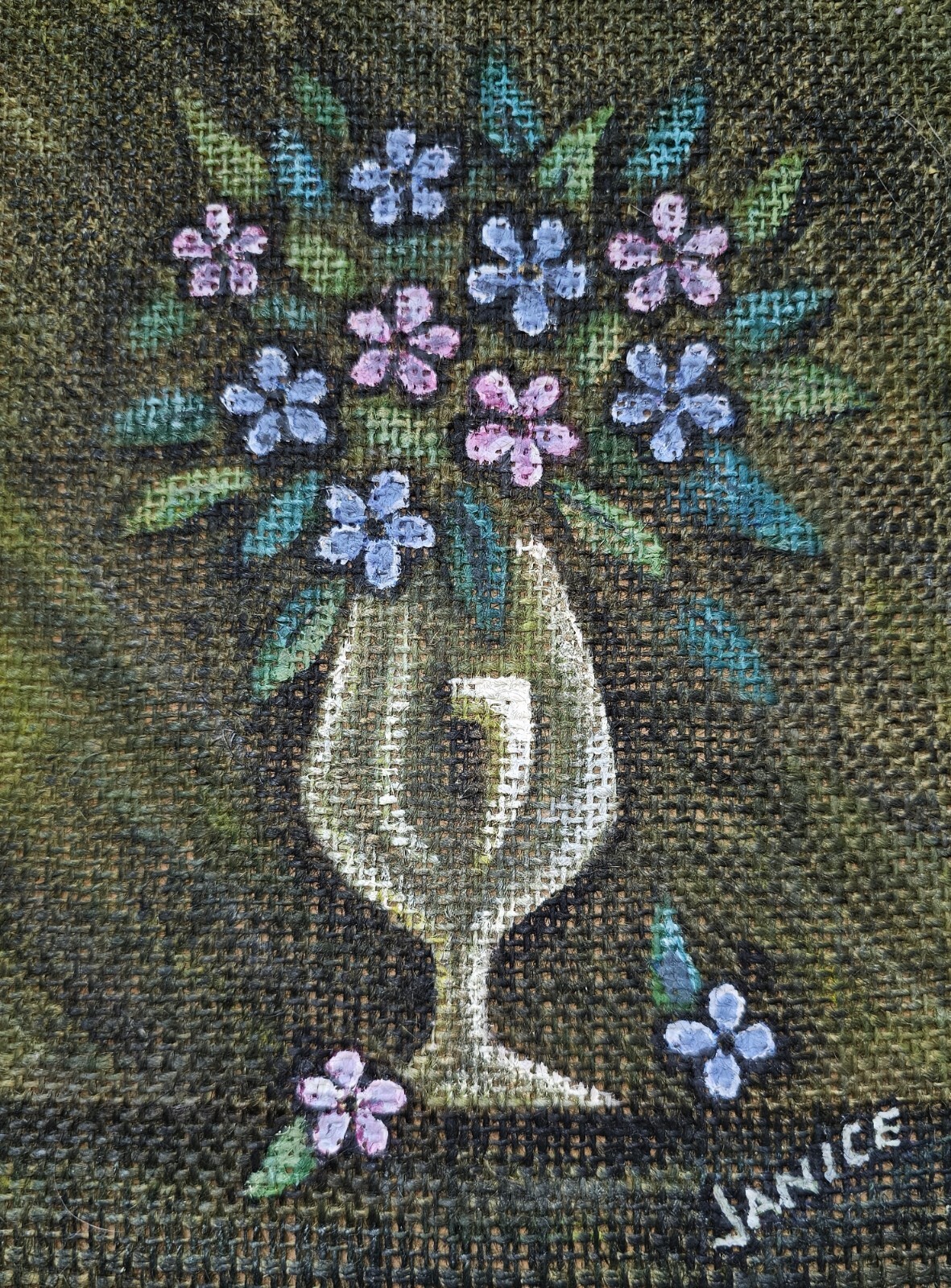 Vintage Mid Century Modern MCM Pink Blue Floral In Vase Painting On Burlap