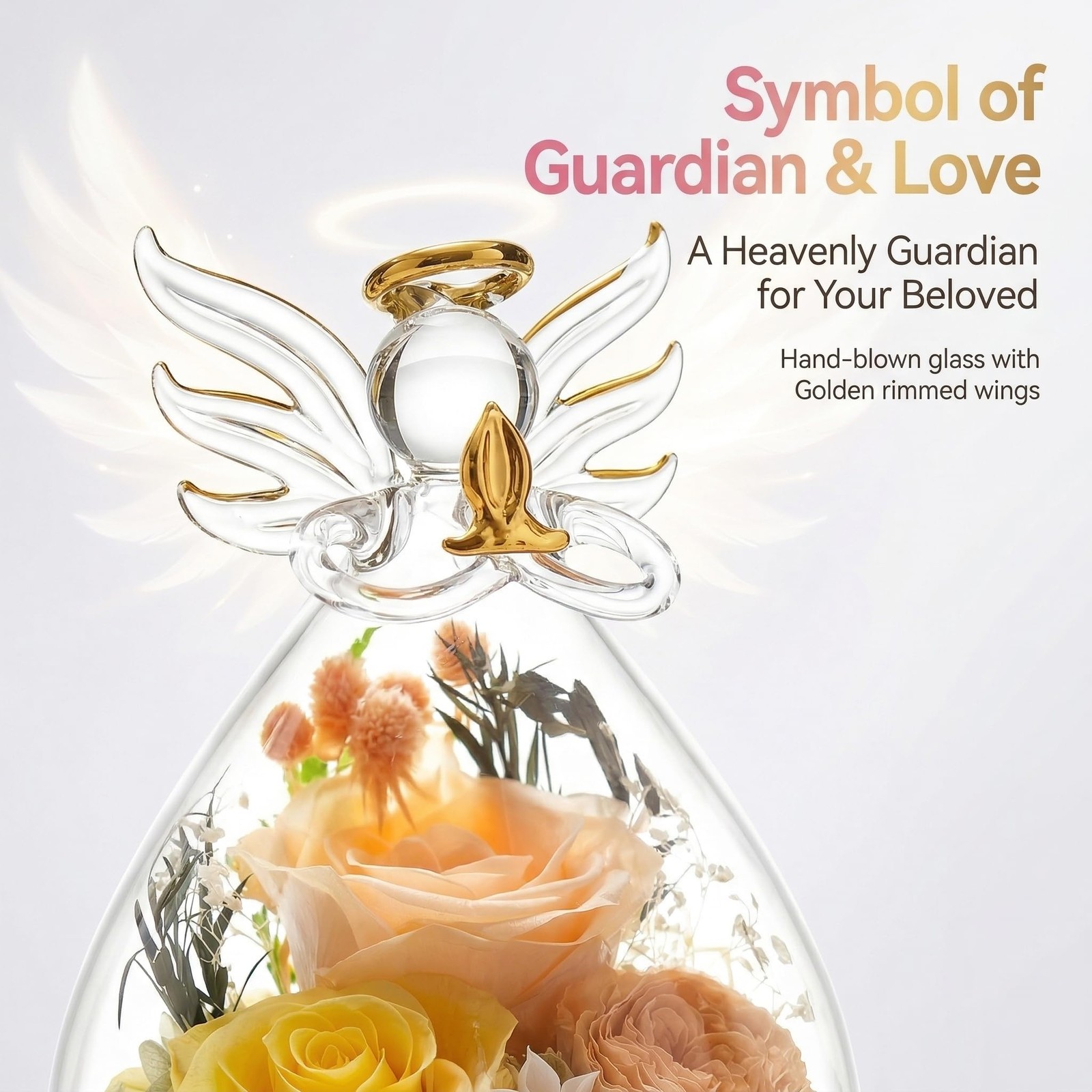 Preserved Flower in Glass Angel Figurines – Forever Flowers in Glass Dome – B…