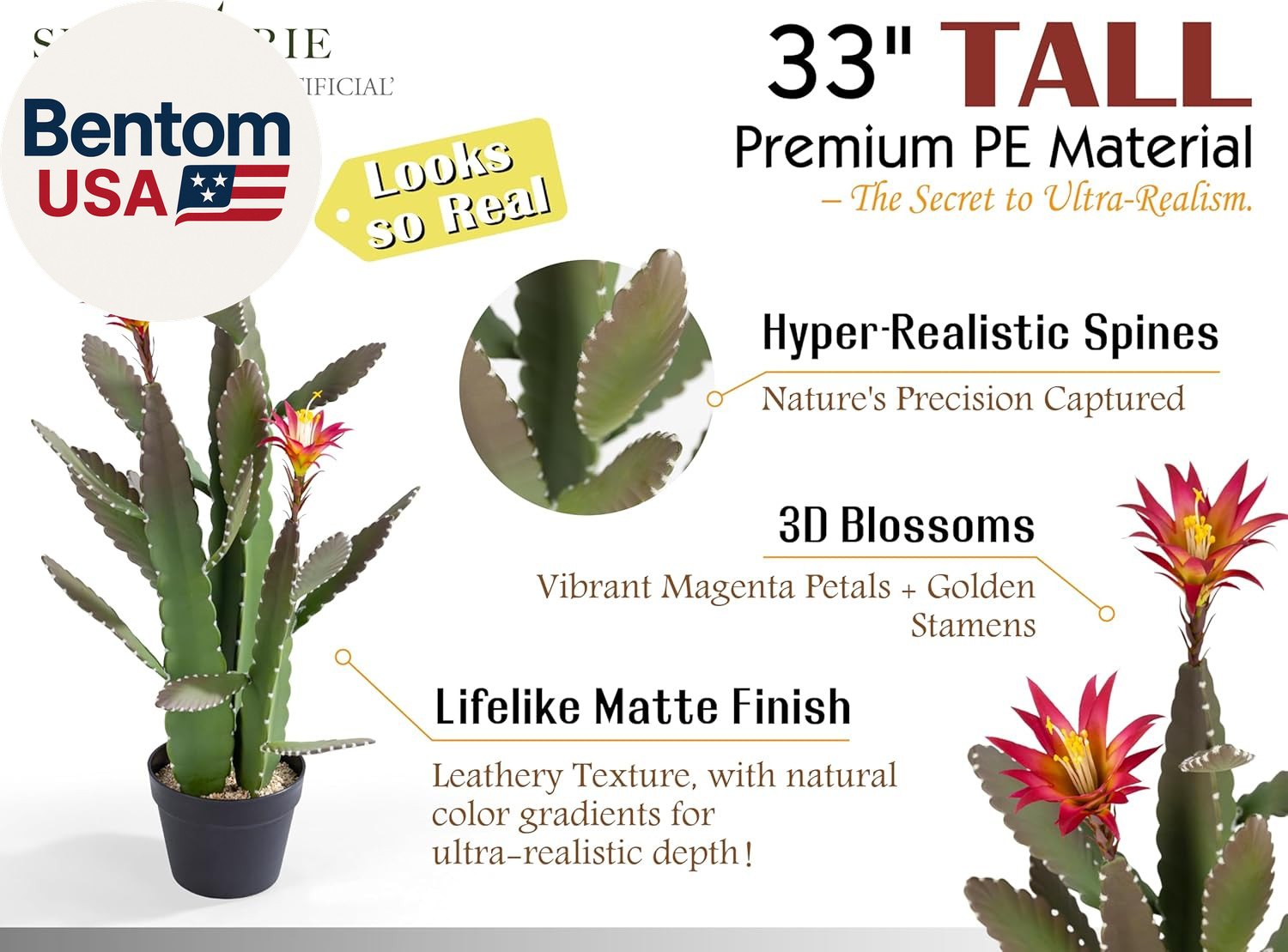33 Inch Large Artificial Cactus with Magenta Flowers in Pot with Natural Gravel.