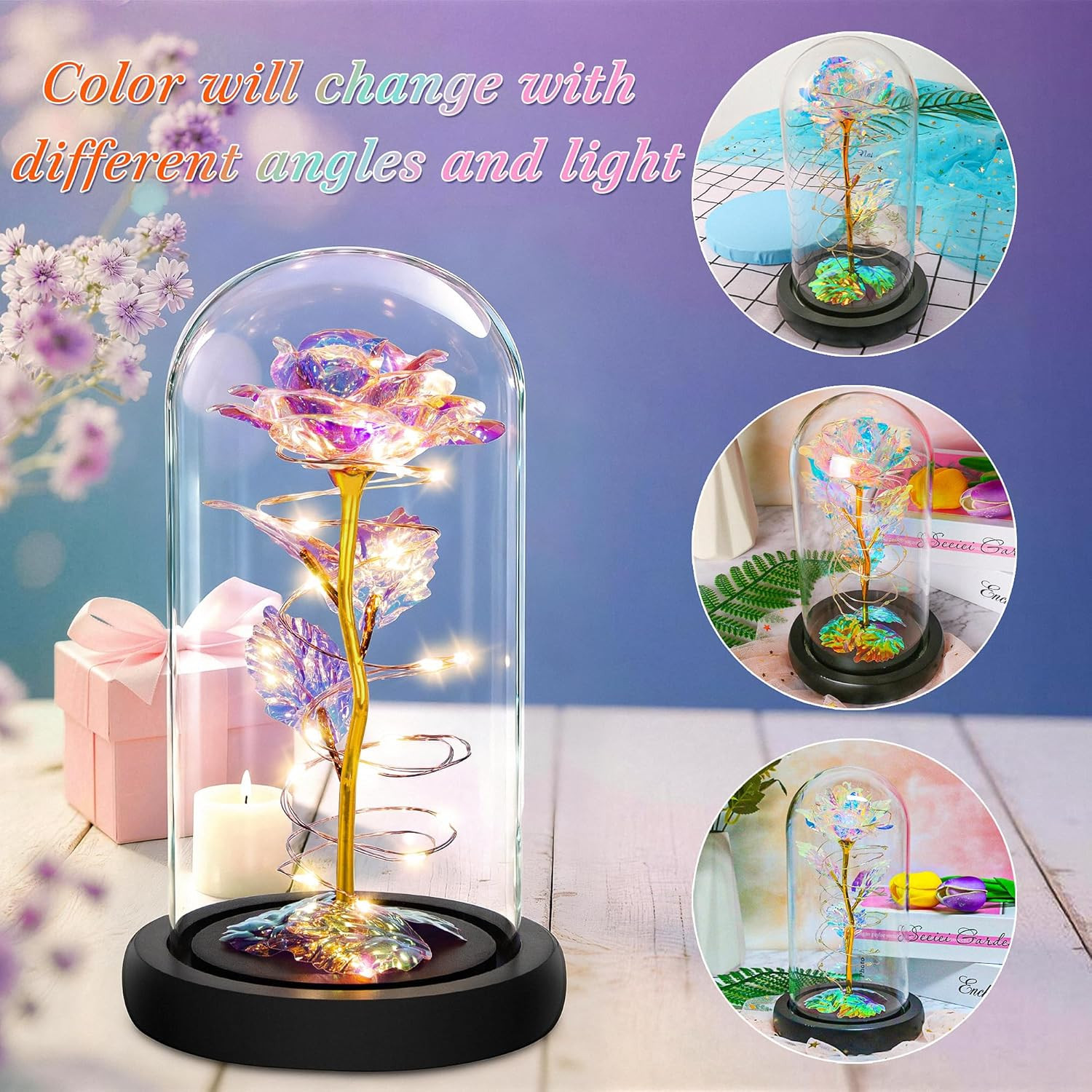 LED Rose in Glass Dome Gift for Her Valentine Anniversary Birthday Mom Wife
