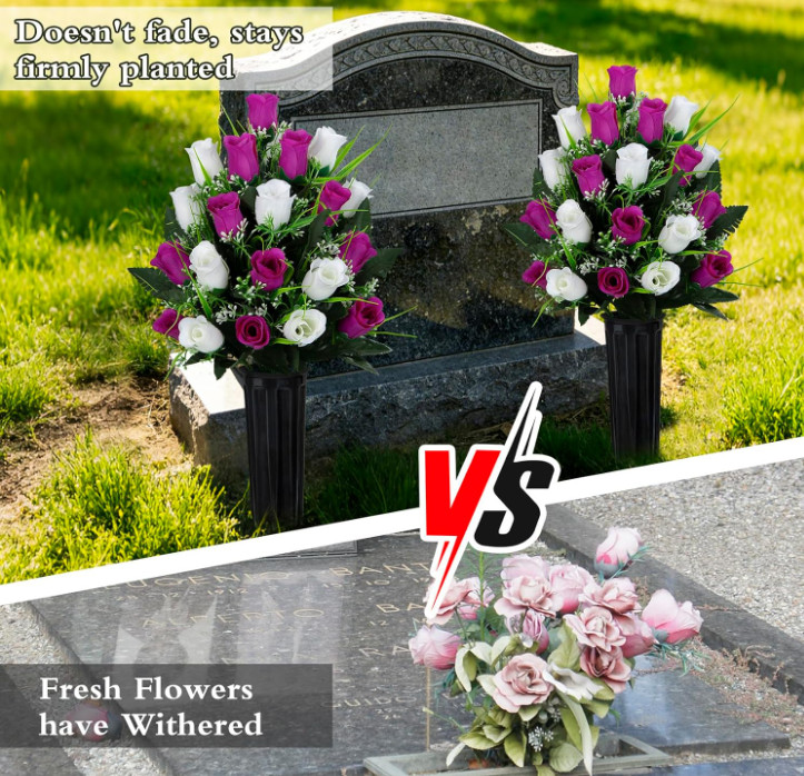 2 Sets Artificial Cemetery Flowers, Grave Decorations Roses, Memorial Flowers Bo