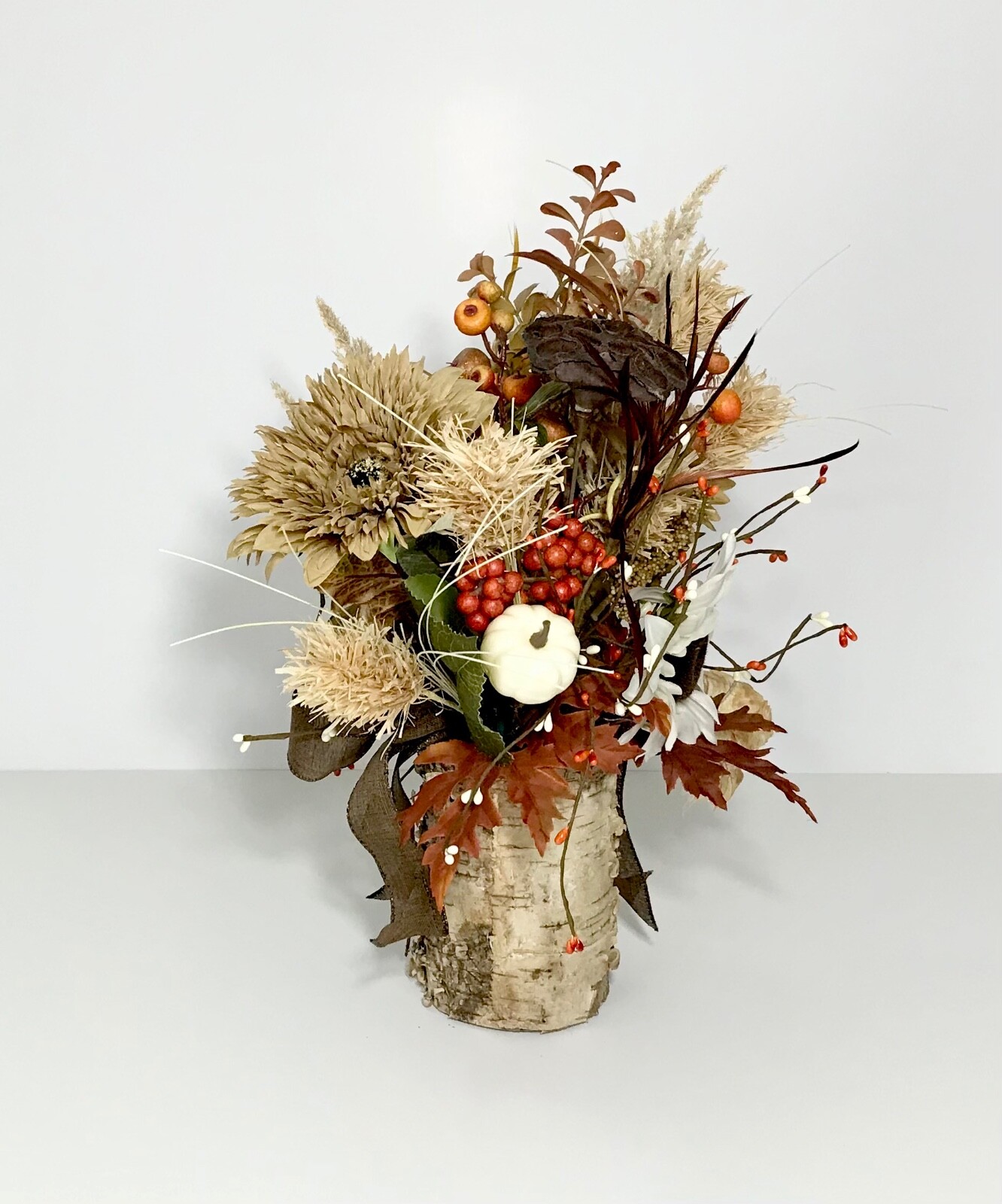 WHITE SUNFLOWERS EARTH TONE ARRANGEMENT FALL LEAVES HARVEST CENTERPIECE HANDMADE