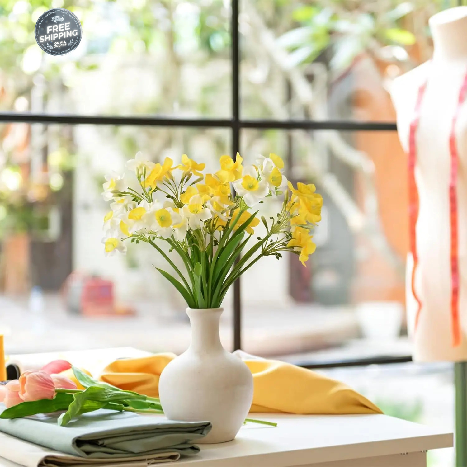 2 Bundles 30 Heads Artificial Daffodils Spring Flowers Soft Plastic Fake Flower