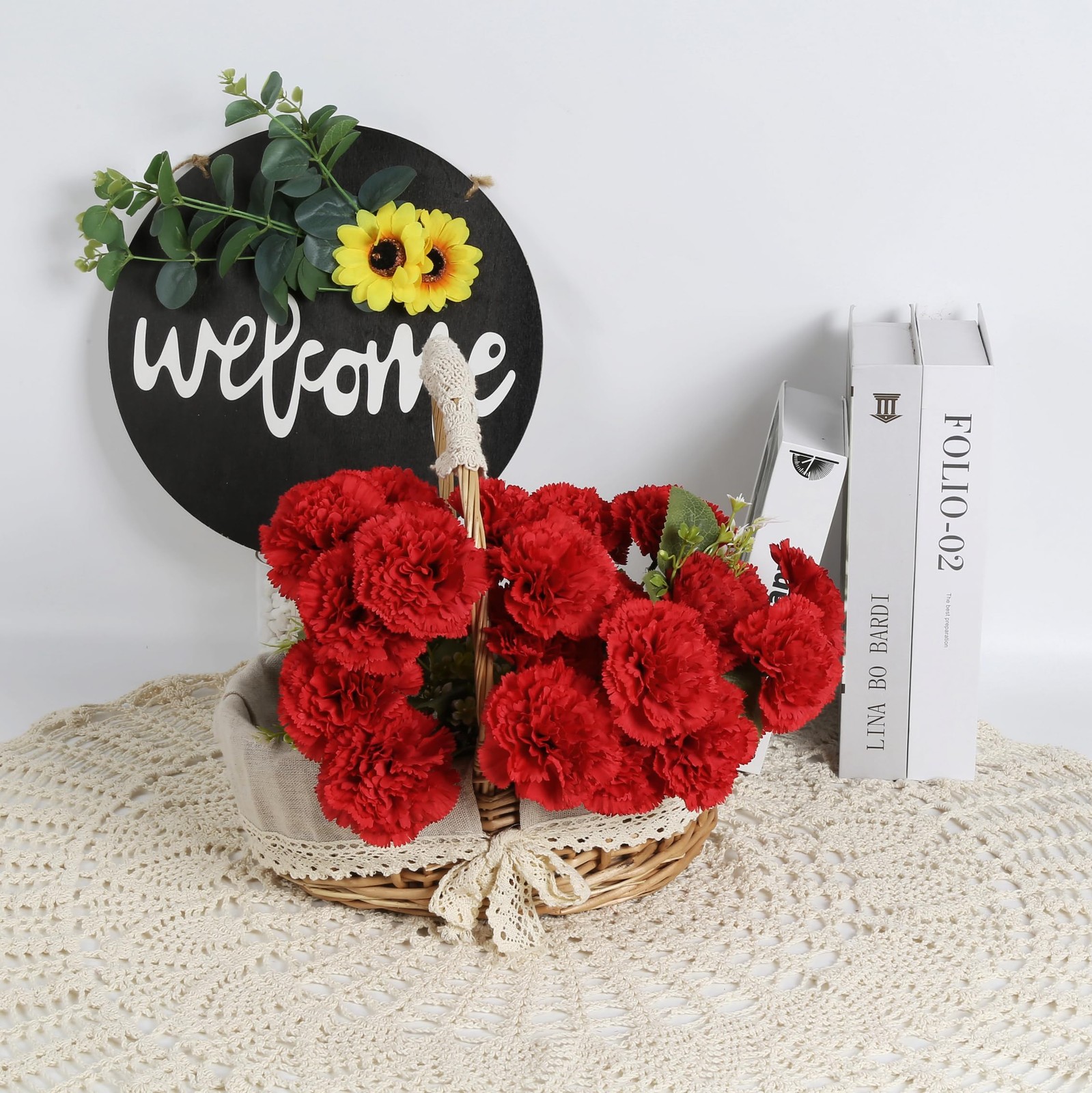 Red Carnations Artificial Flowers 21Heads Silk Carnations with Stems Fake flo…