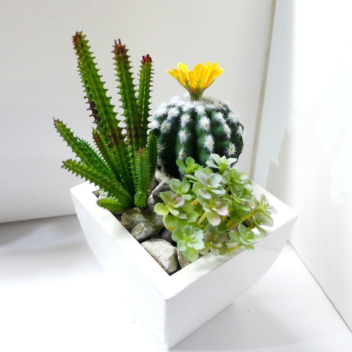 3 Pcs Artificial Plants Cactus Yellow Flower Flocking Succulents Grass (#105)