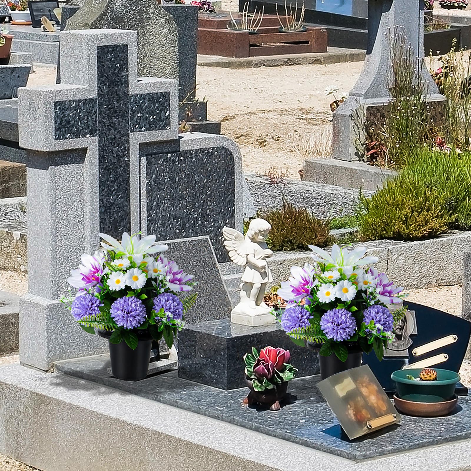 Artificial Cemetery Flowers in Pots, Artificial Chrysanthemums Lily Daisy wit…