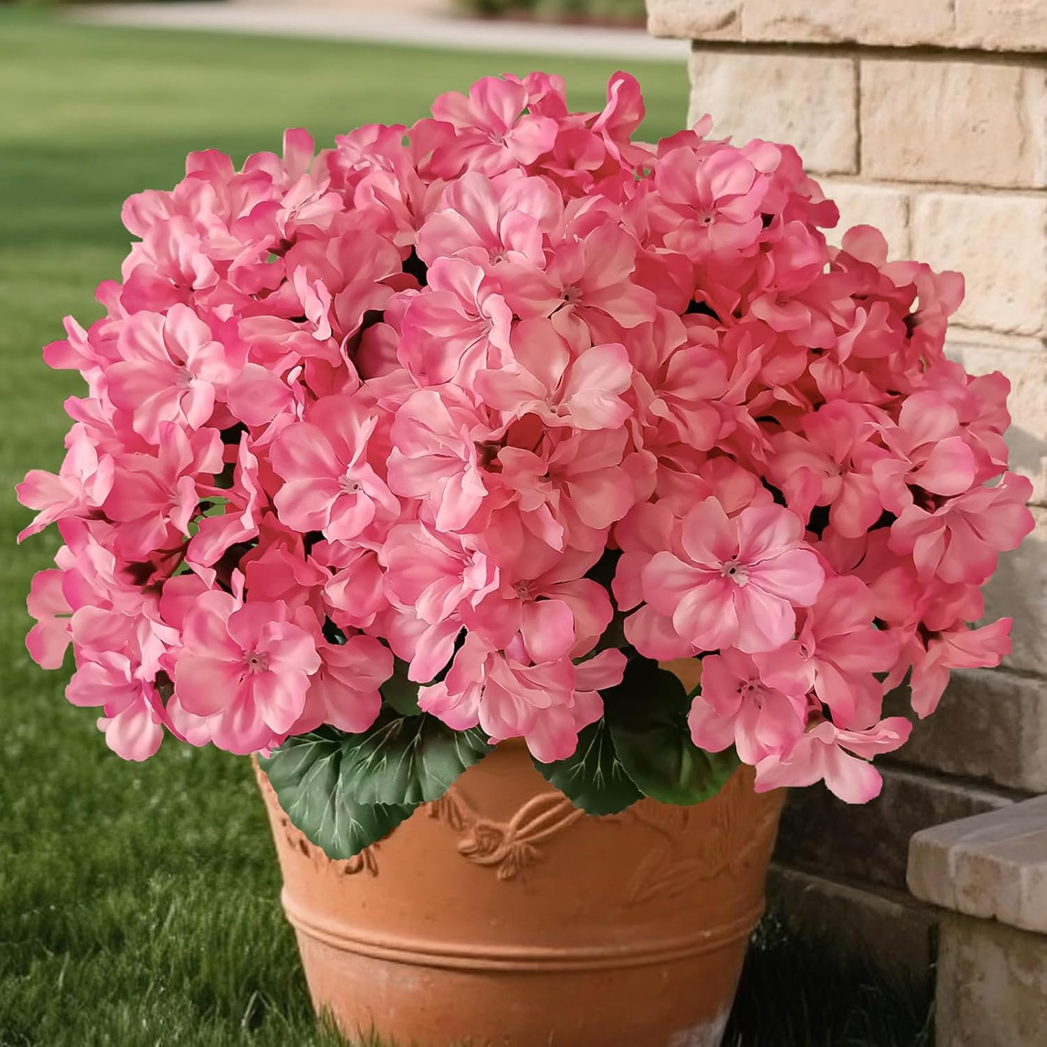 6 Bundles Faux Geranium Flowers Outdoor UV Resistant Pink Silk Artificial