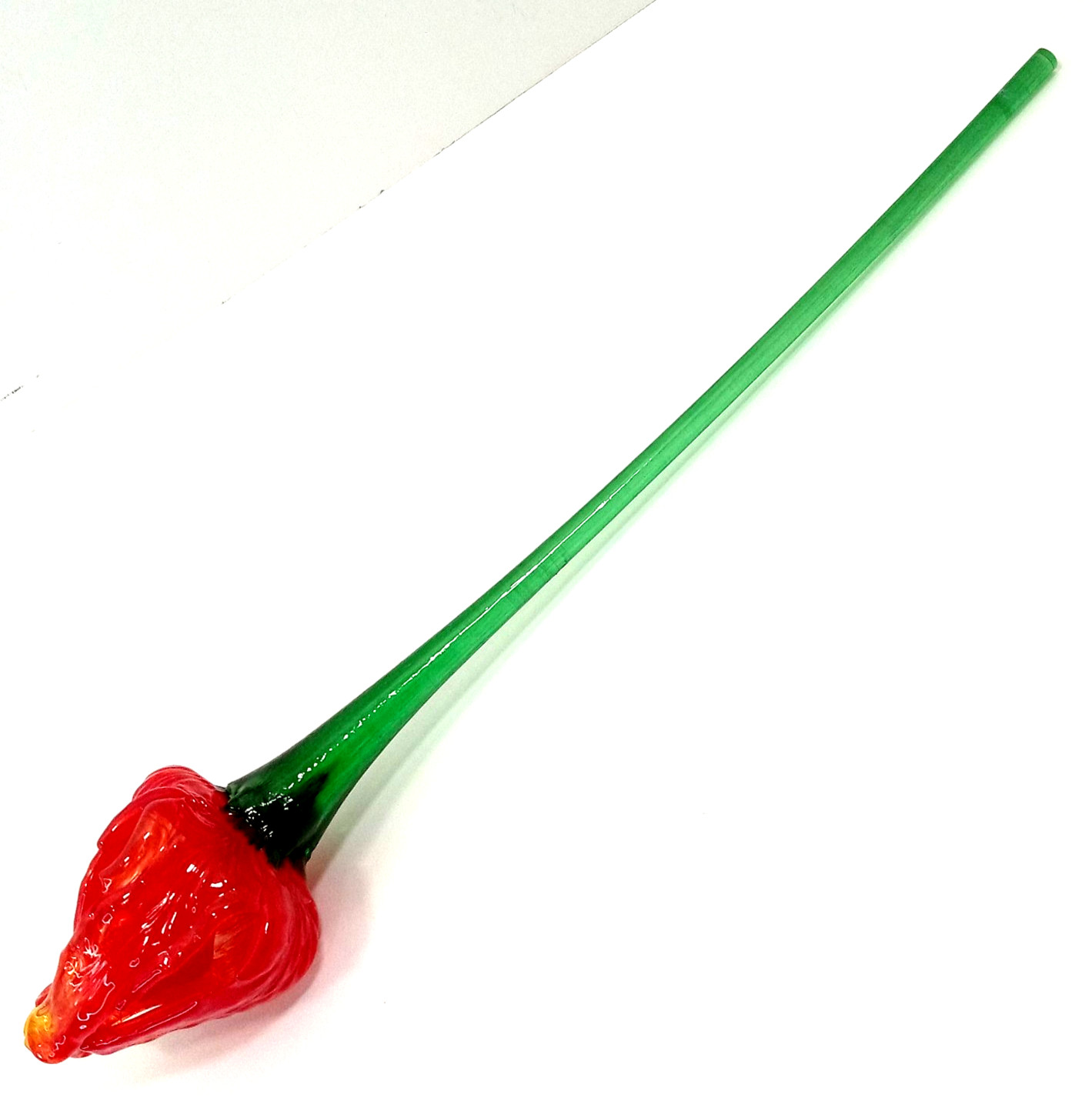 Vintage Blown Art Glass Long Stem Flower Red Bud Orange Center Ribbed Texture