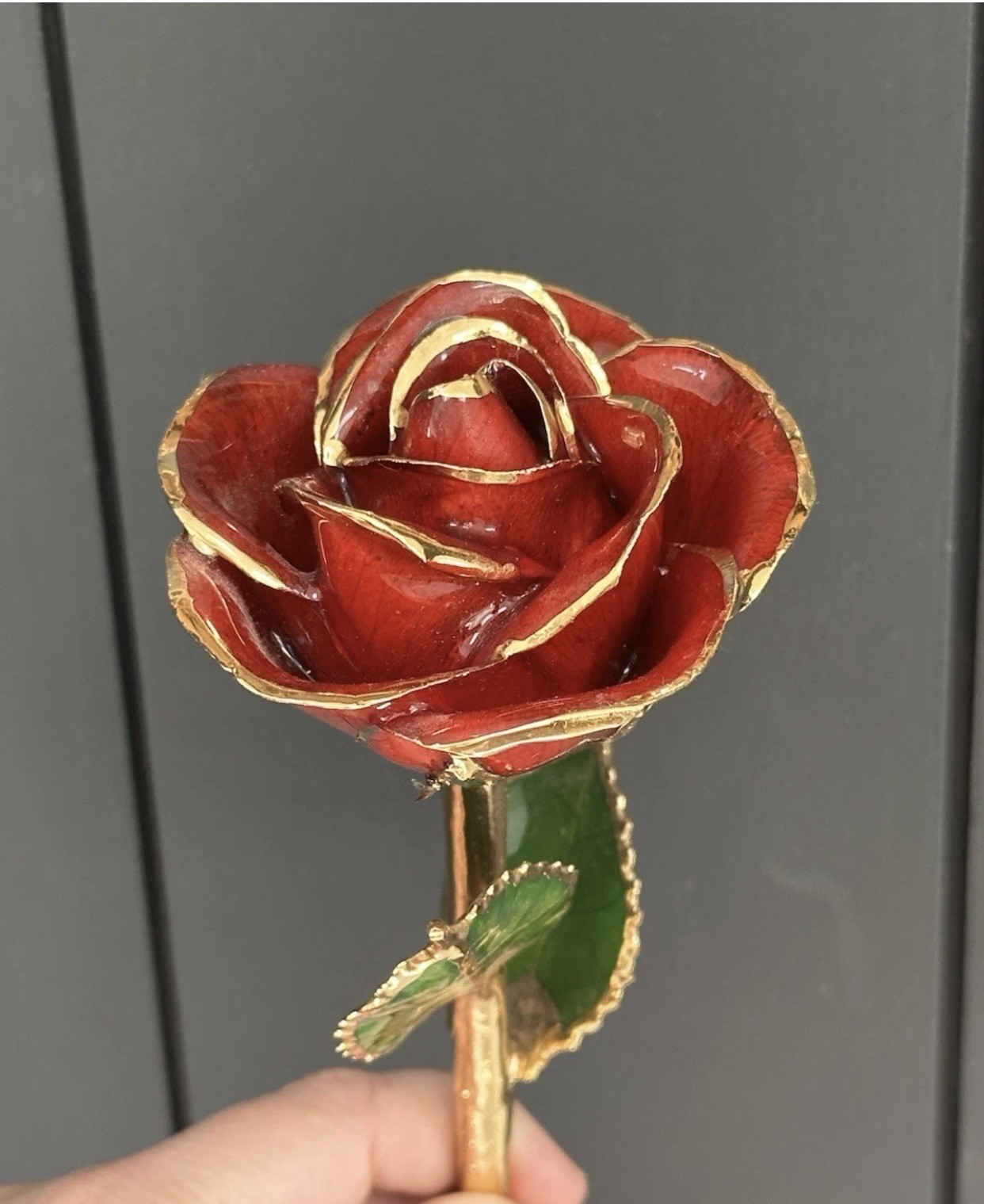 Steven Singer Jeweler Real Rose Preserved Dipped in 24 Karat Gold Red No Box 12”