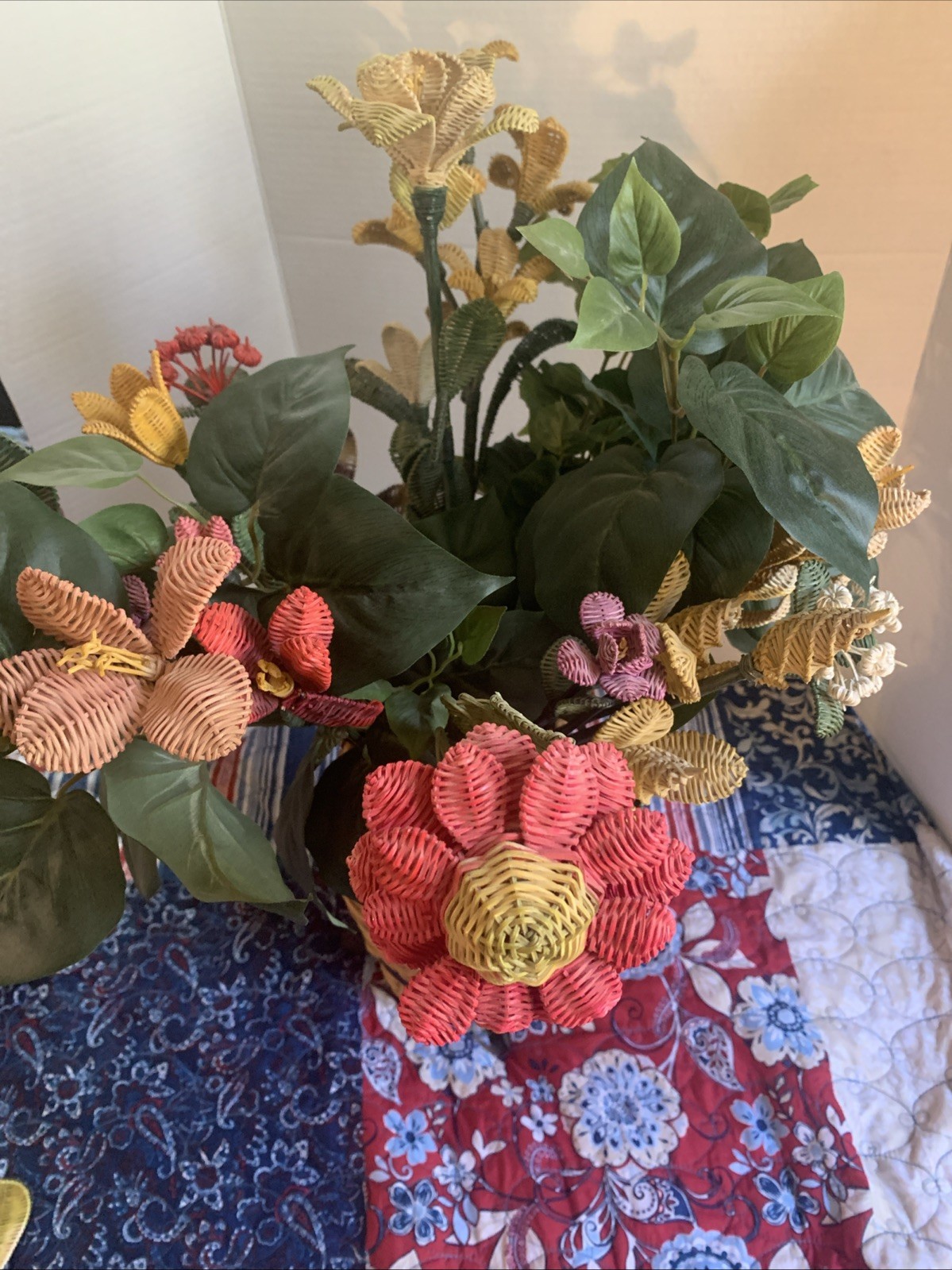 Handcrafted RARE Artificial Flowers Made of Wicker Rattan- Vintage READ