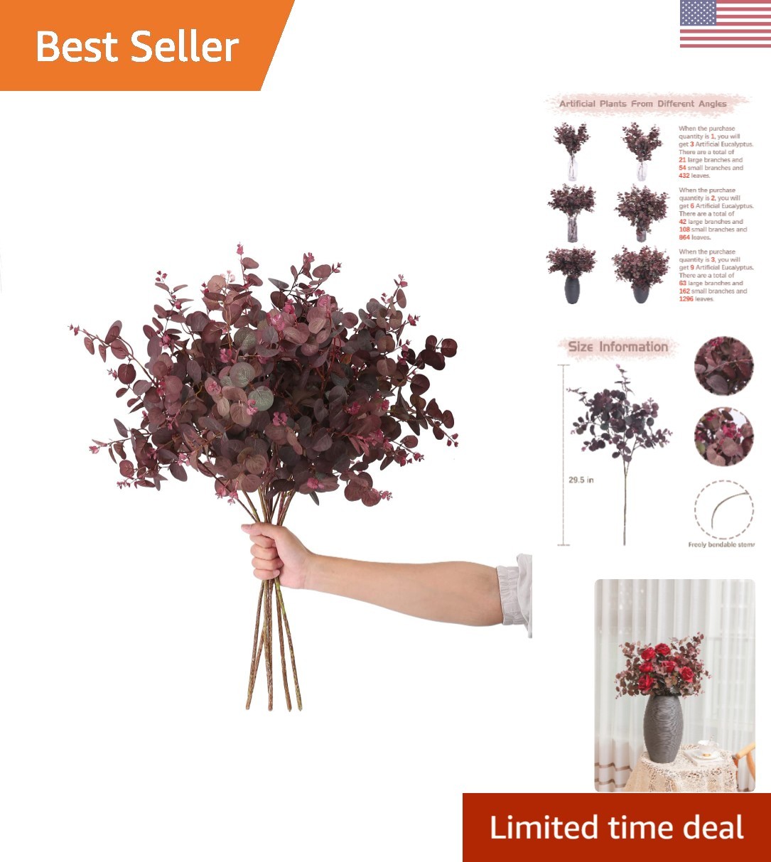 Elegant 3Pcs Wine Red Artificial Eucalyptus Stems – 29″ Indoor & Outdoor Decor