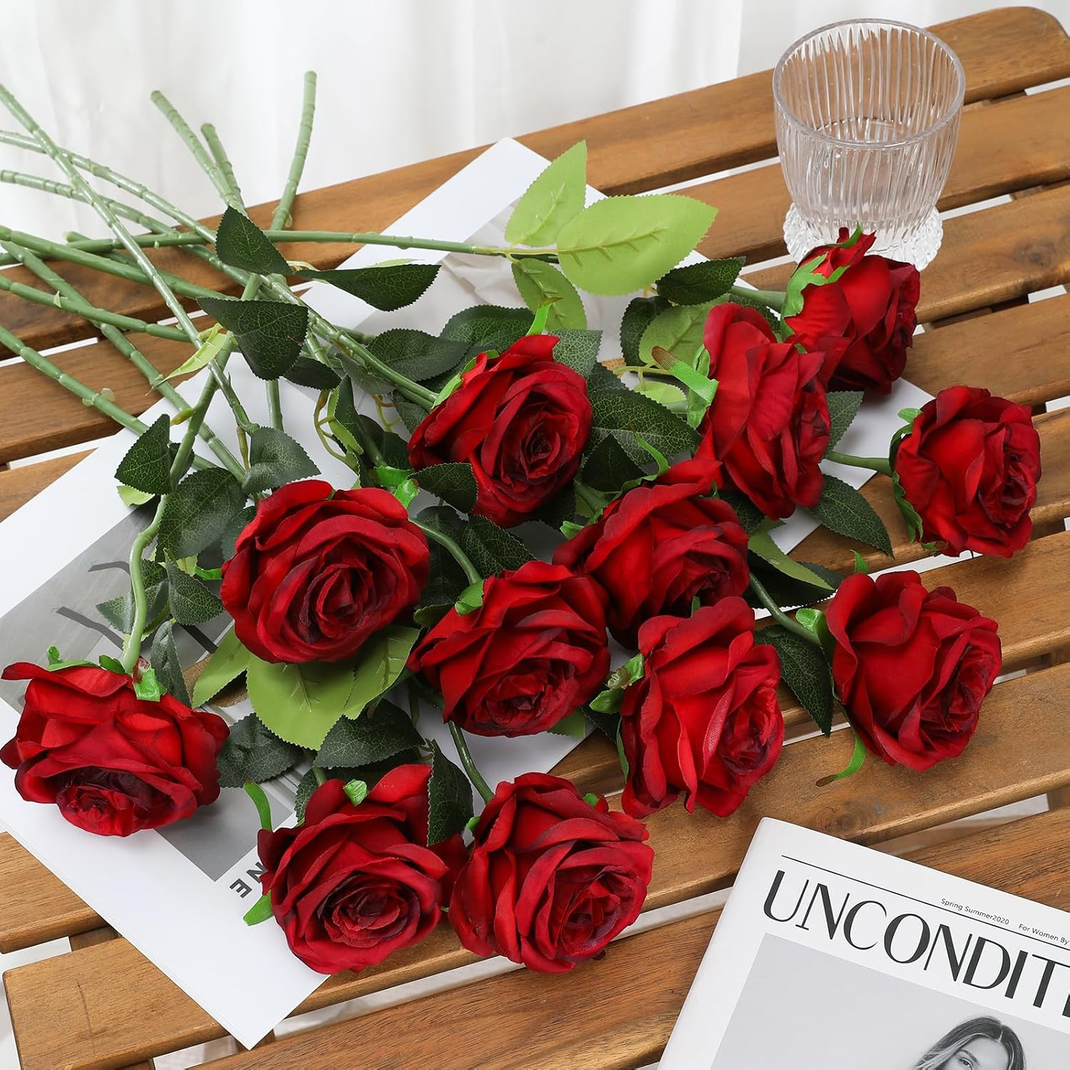 Red Roses Artificial Flowers – 12 Pcs Realistic Long Stem Fake Roses