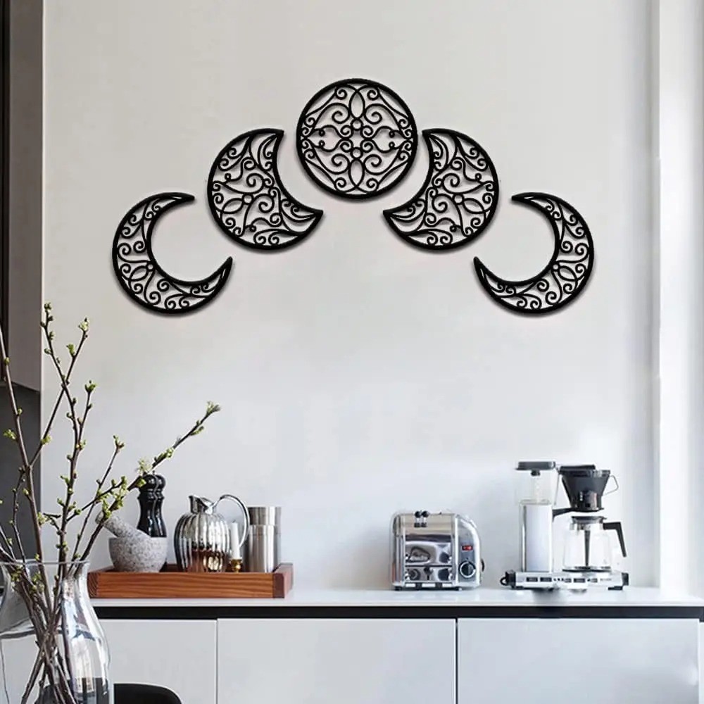 5-Piece Black Moon Phase Metal Wall Art – Nordic Boho Living Room Bedroom Decor