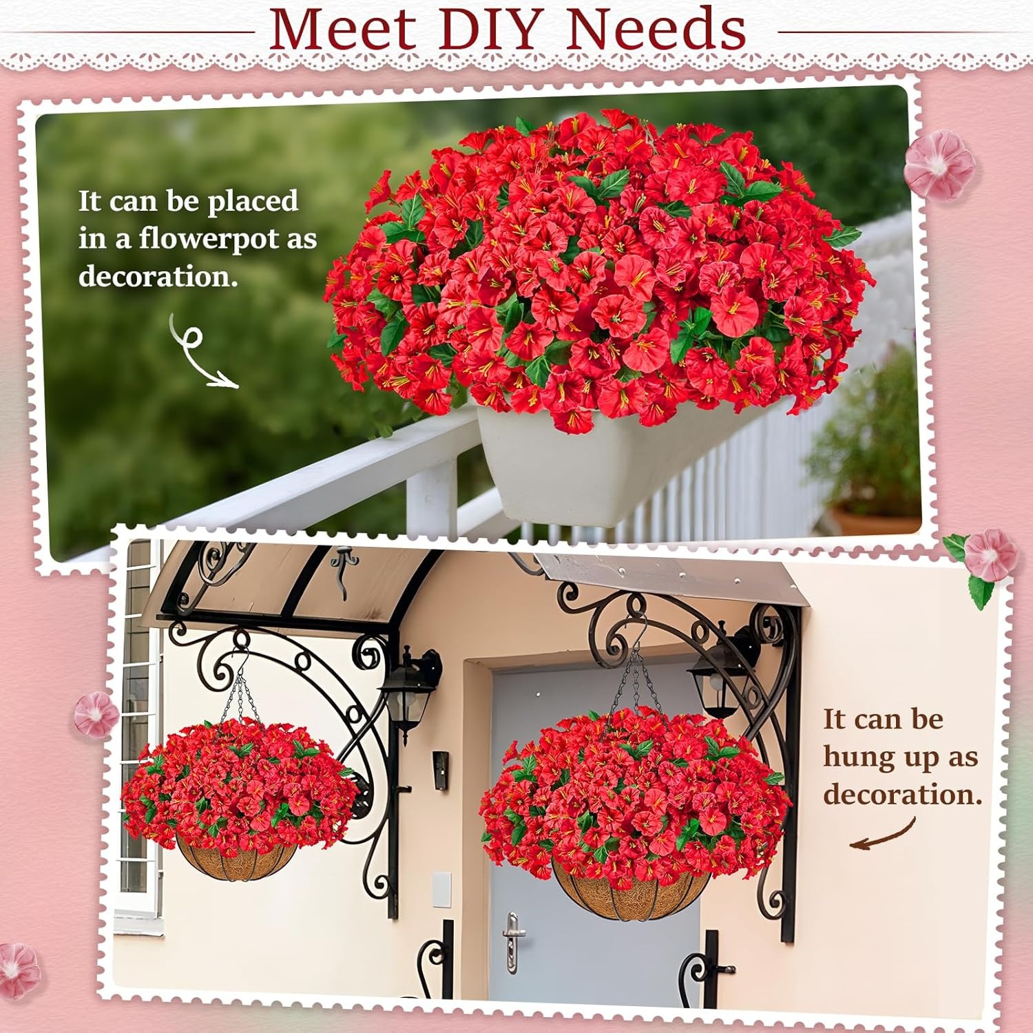 Set of 2 Faux Silk Morning Glory Hanging Flower Baskets for Outdoor Decor