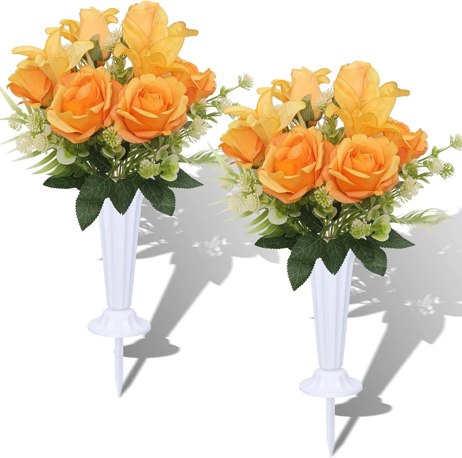 Artificial Cemetery Flowers with Vases Set of 2 Roses Lily Silks Bouquets Realis
