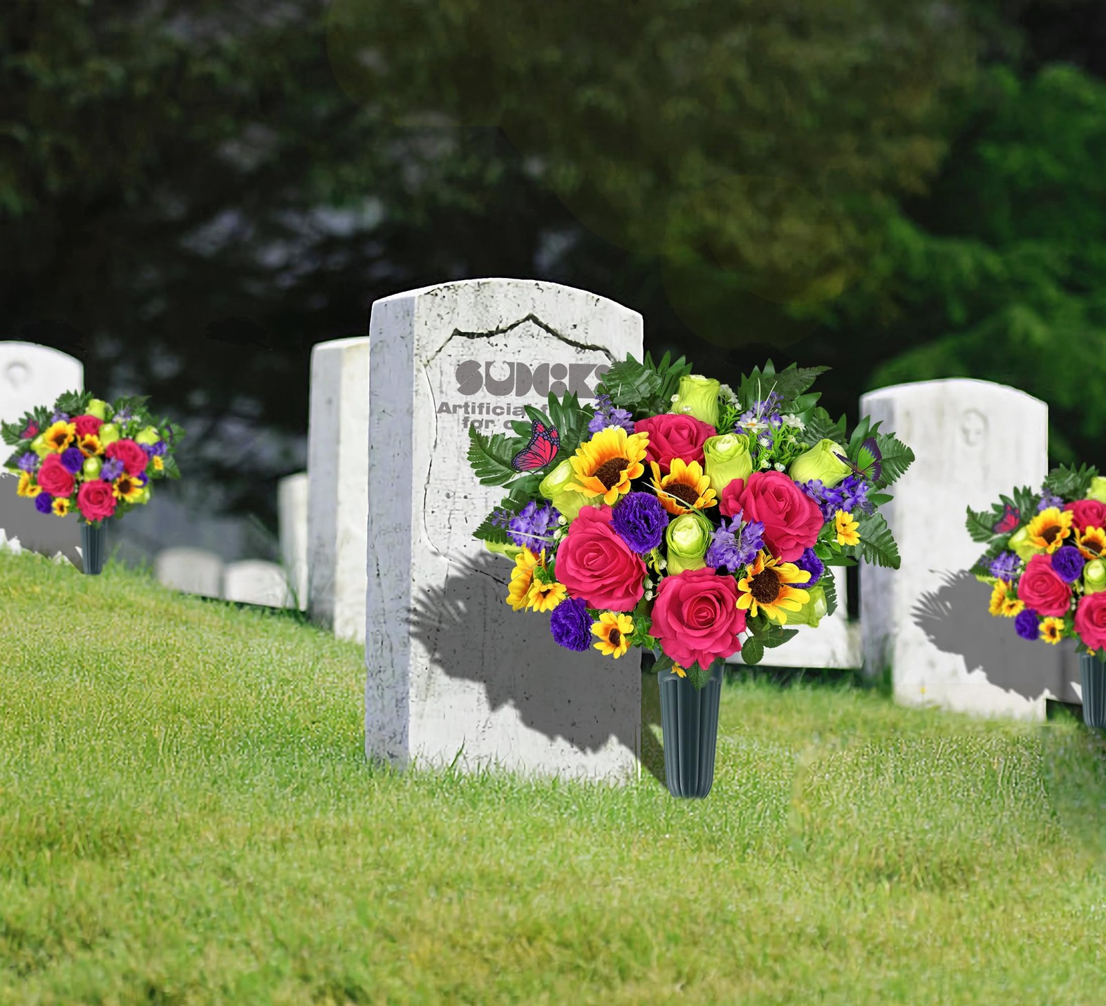 Grave Flowers Colorful Memorial Silk Bouquet With Vase Graveyard Decor 1 PCS