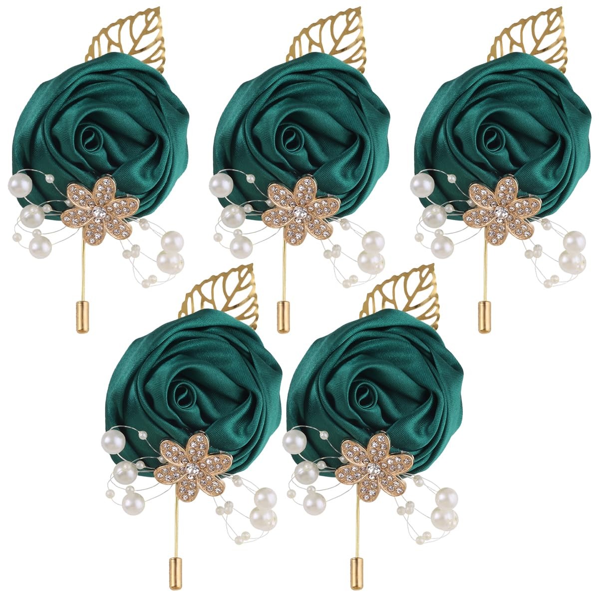 5pcs Emerald Green Boutonniere, Gold Leaf, Faux Silk Rose, Corsage, Wedding