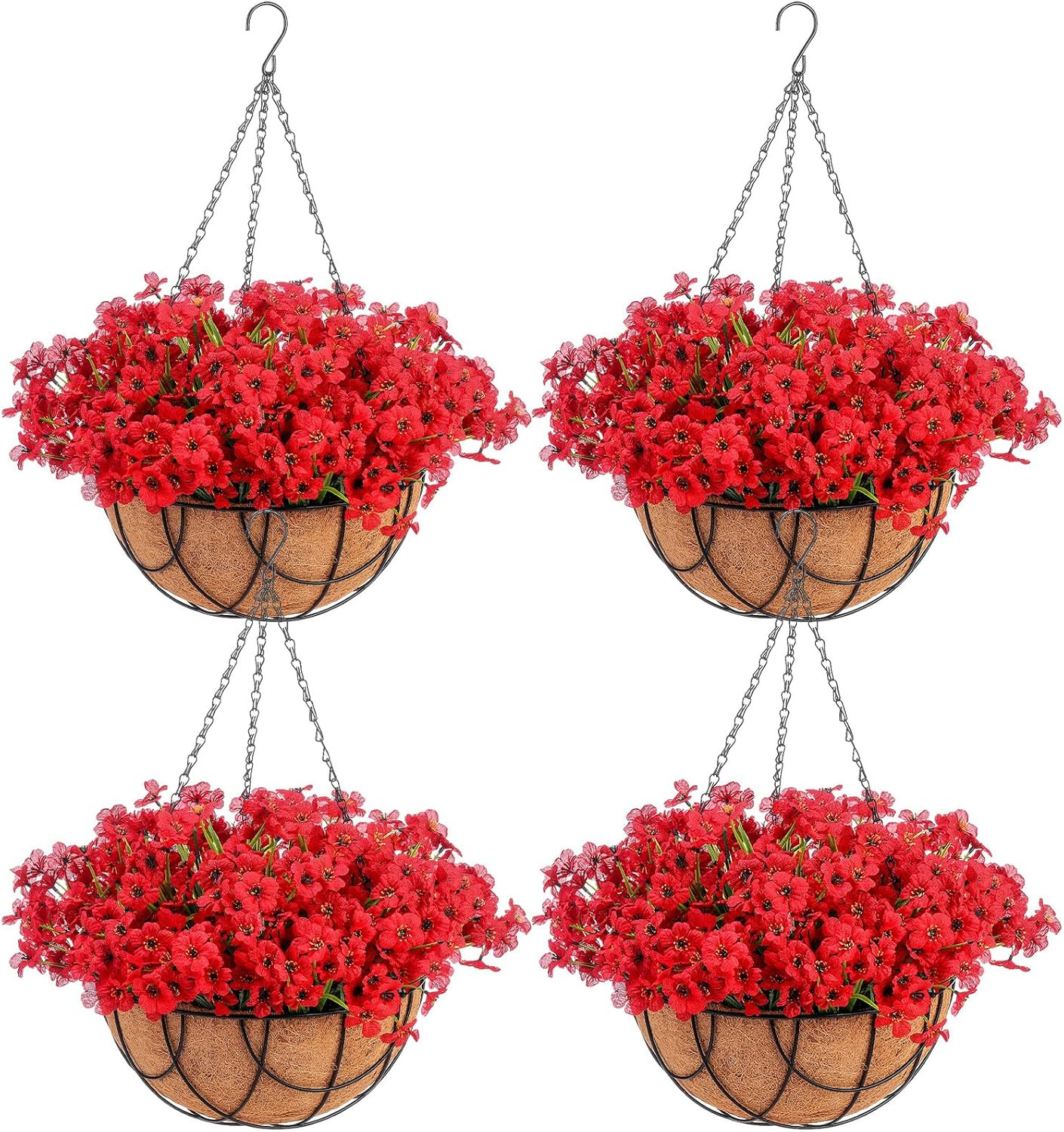4 Pack Faux Orchid Hanging Flower Baskets for Outdoor Decor – Red