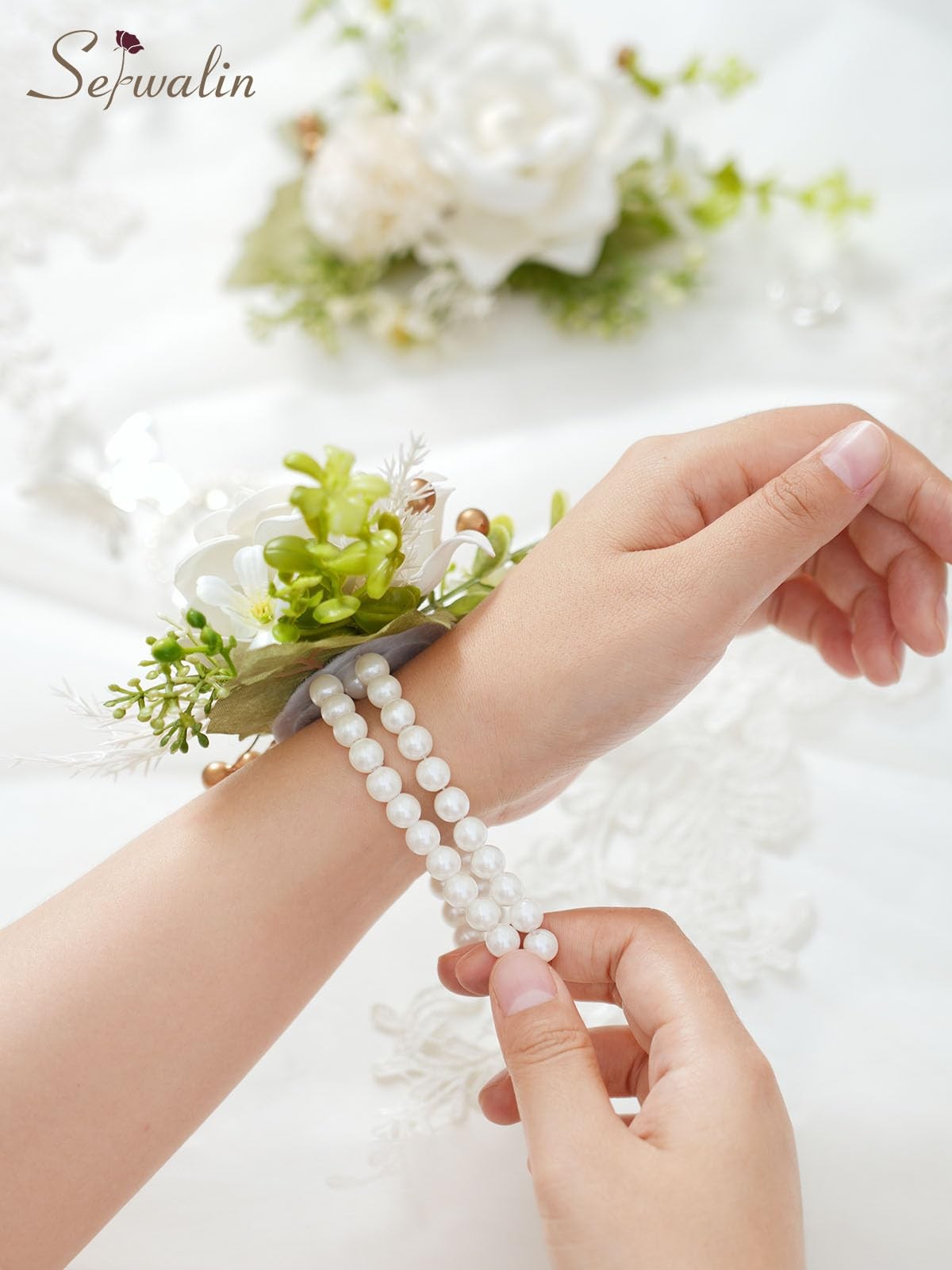 2 PCS Ivory White Wrist Corsage 67 Inch for Wedding Prom Ceremony Anniversary