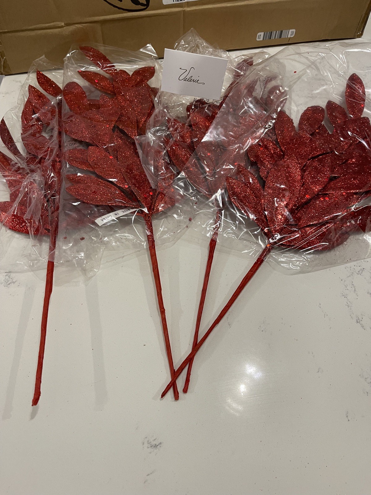 Set of 4 Shimmery Leaf Picks Red by Valerie Home Decor