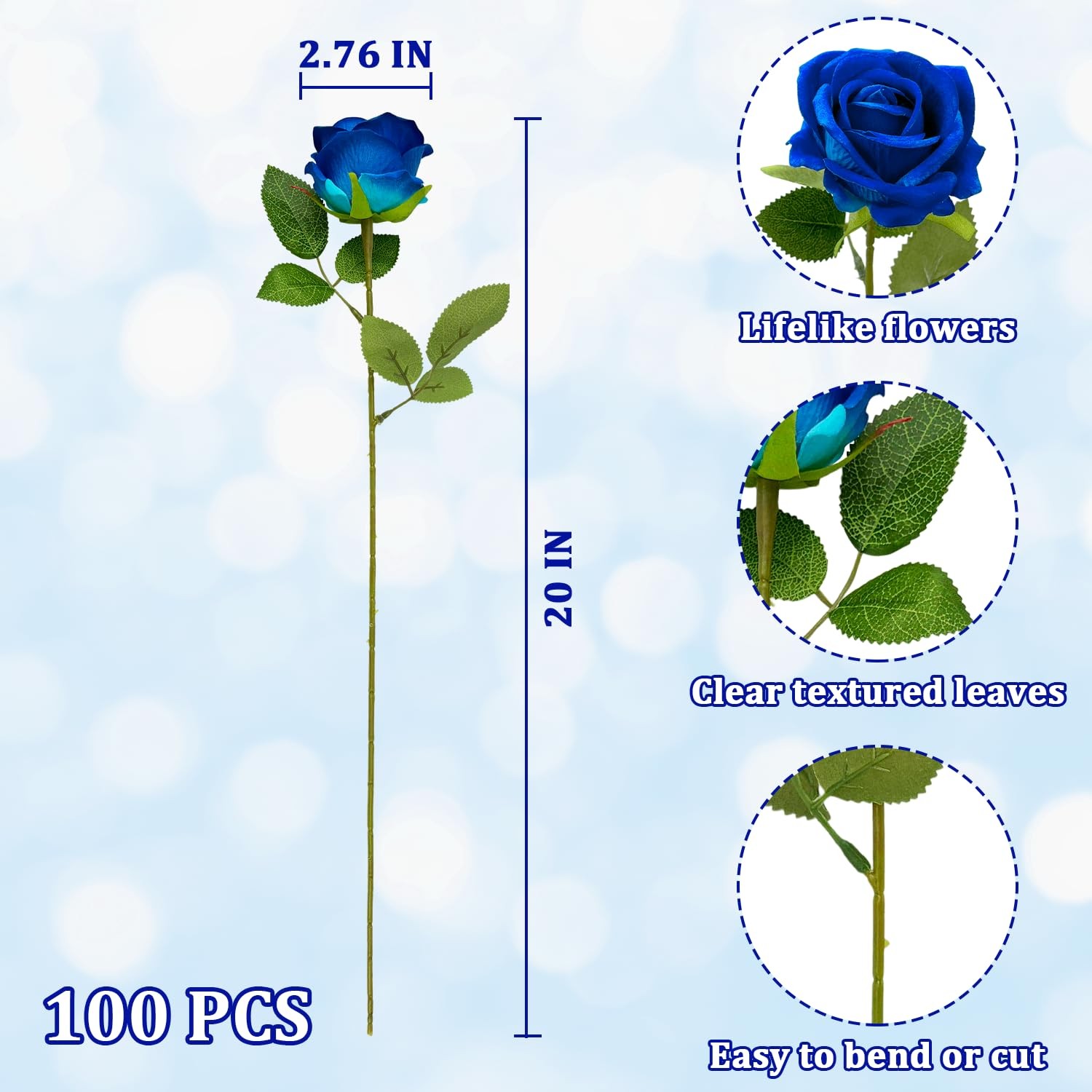 Bulk Artificial Flowers 100 PCS, Fake Velvet Silk Blue Roses with Long Stems …
