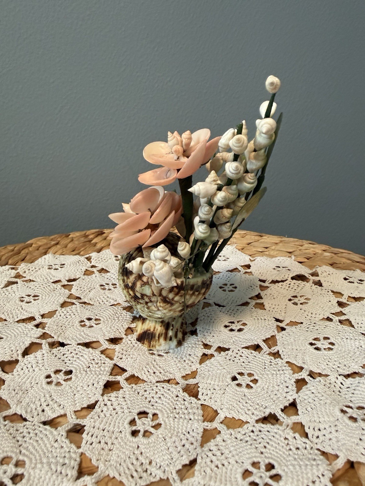 Vintage Pink Seashell Flower Arrangement Shell Art Floral Decor 6” Coastal Beach