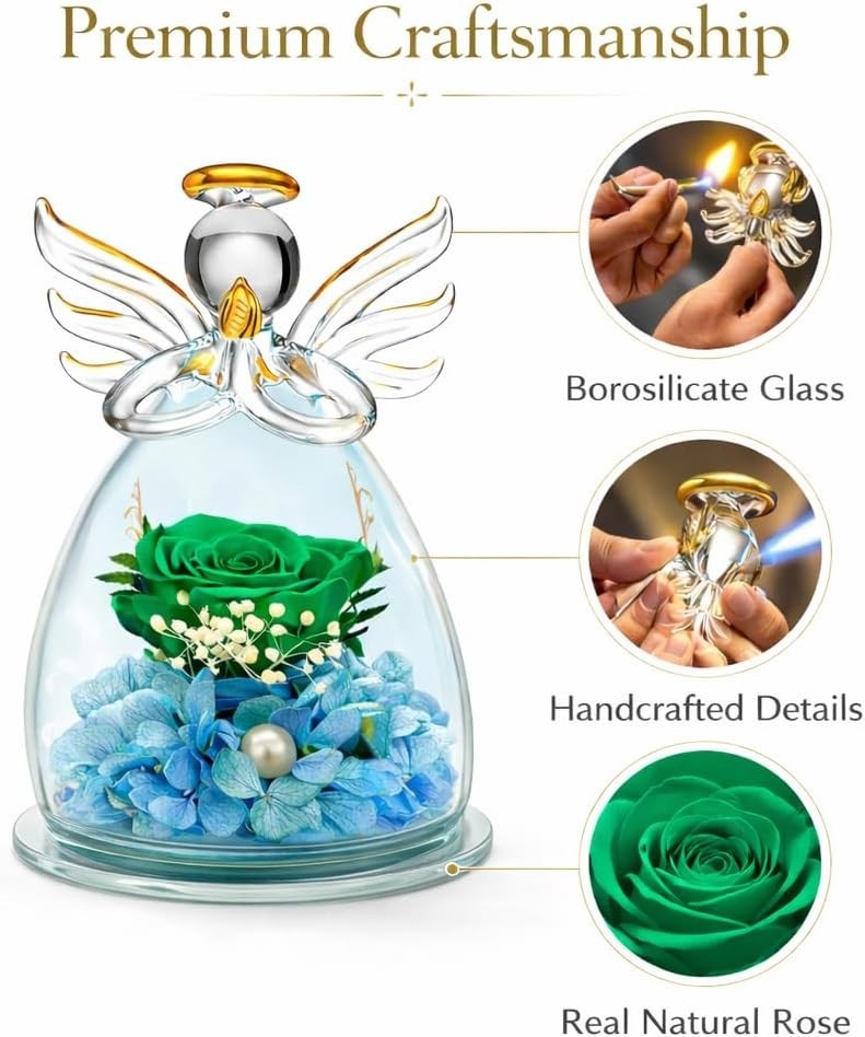 Unique Glass Angel with Preserved Rose – Perfect Birthday Gift for Women