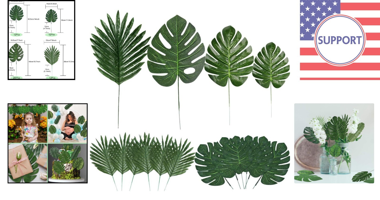 Assorted 60 Faux Tropical Leaves with Flexible Stems for Home & Party Decoration