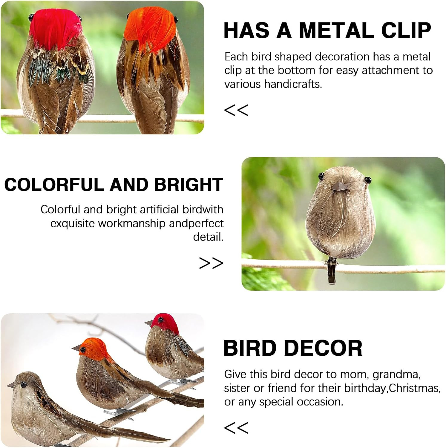 6PCS Artificial Birds Crafts Clip on Bird Ornaments Artificial Simulation Bird S