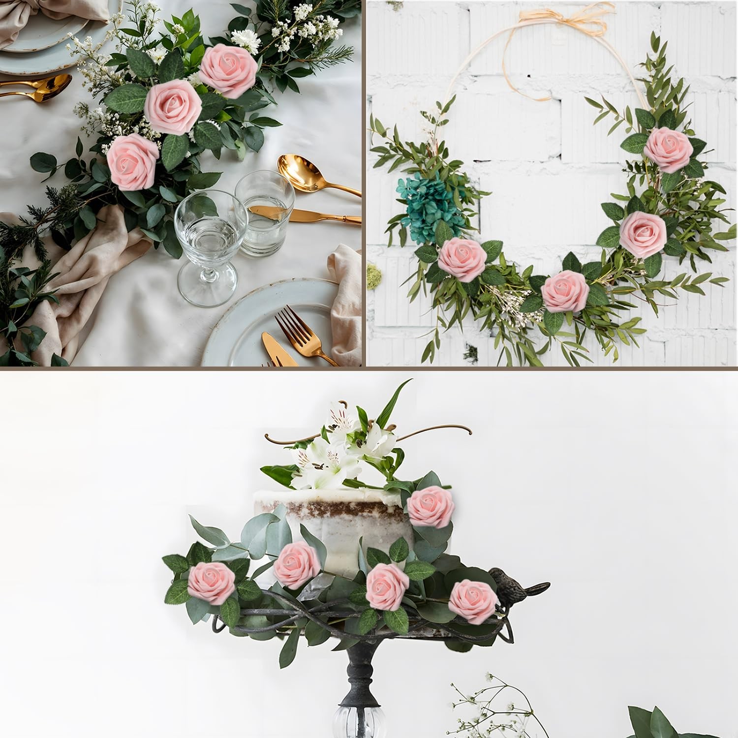 100 PCS Light Pink Real Looking Foam Artificial Fake Roses Wedding Bouquet