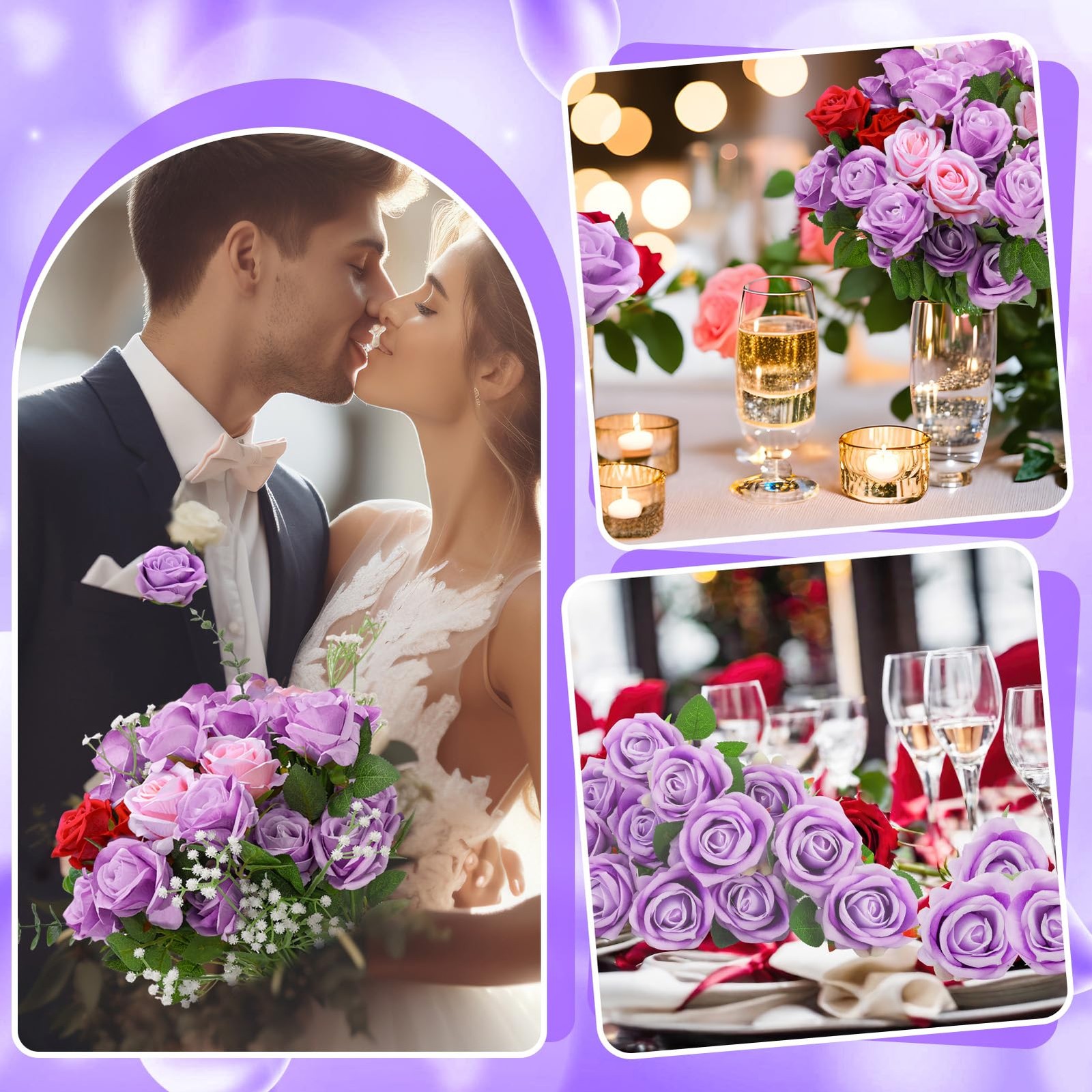 Ovveroche 90 Pcs Purple Velvet Rose Artificial Flowers with Long Stems, Fake …