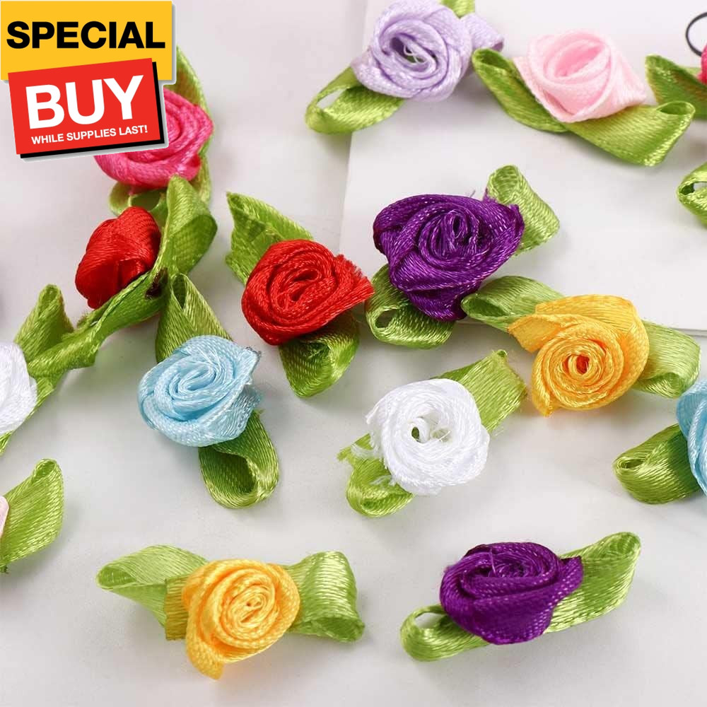 100PCS Mini Ribbon Roses for Crafts Artificial Fabric Flowers with Green Leaves
