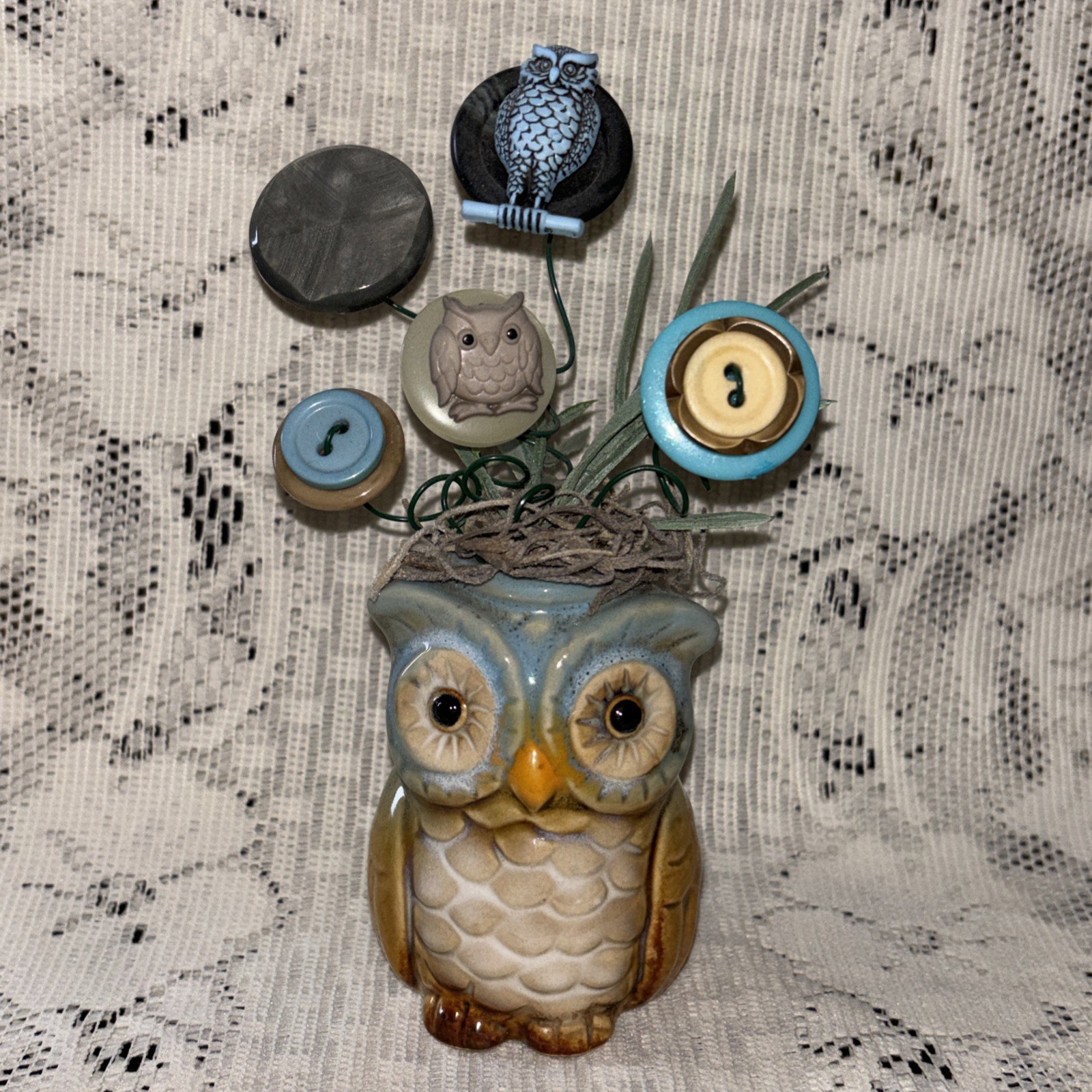 Handmade Button Bouquet Mini Ceramic Owl Vase Home Decor