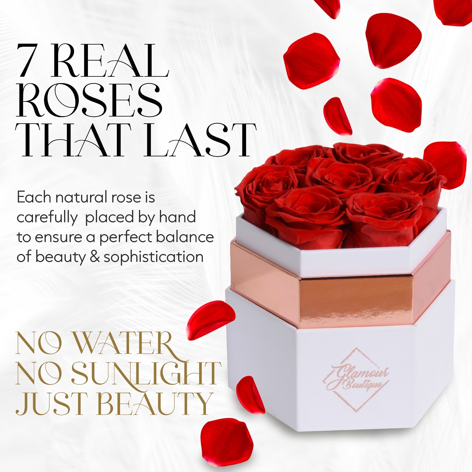 Glamour Boutique Hexagon 7-Piece Forever Real Rose – Preserved Roses in a Box