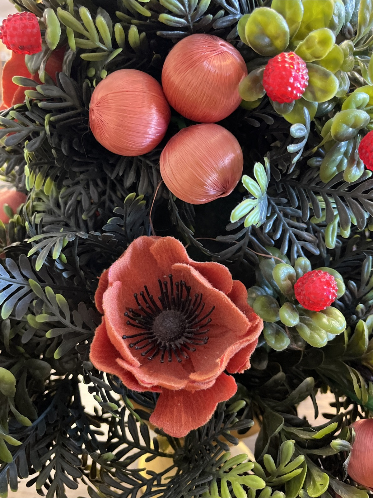 Vtg Mid-Century Plastic Floral Poppies Fruit Arrangement Centerpiece Xmas Tree