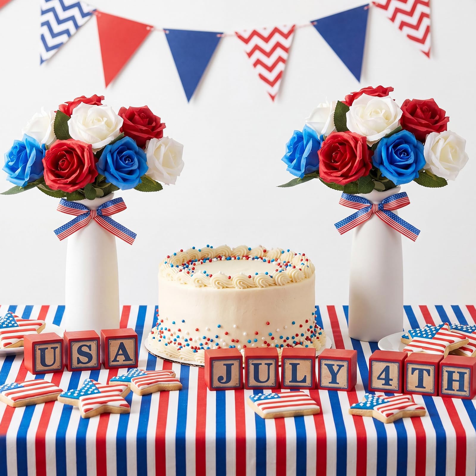4th of July Decorations 2 Sets Artificial Flowers and Vase Red Blue White Pat…