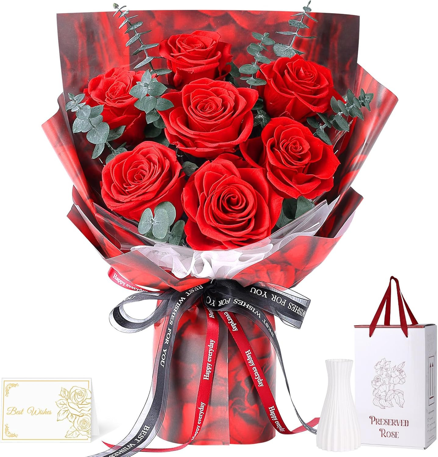 Preserved Flowers Bouquet 7 Roses – Red Real Rose & Flowers for Delivery, Eterna
