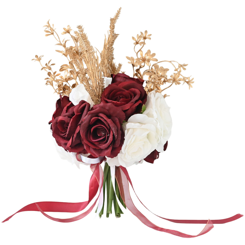 Silk Wedding Bridal Bouquet Artificial Handheld Roses with Bow Decoration