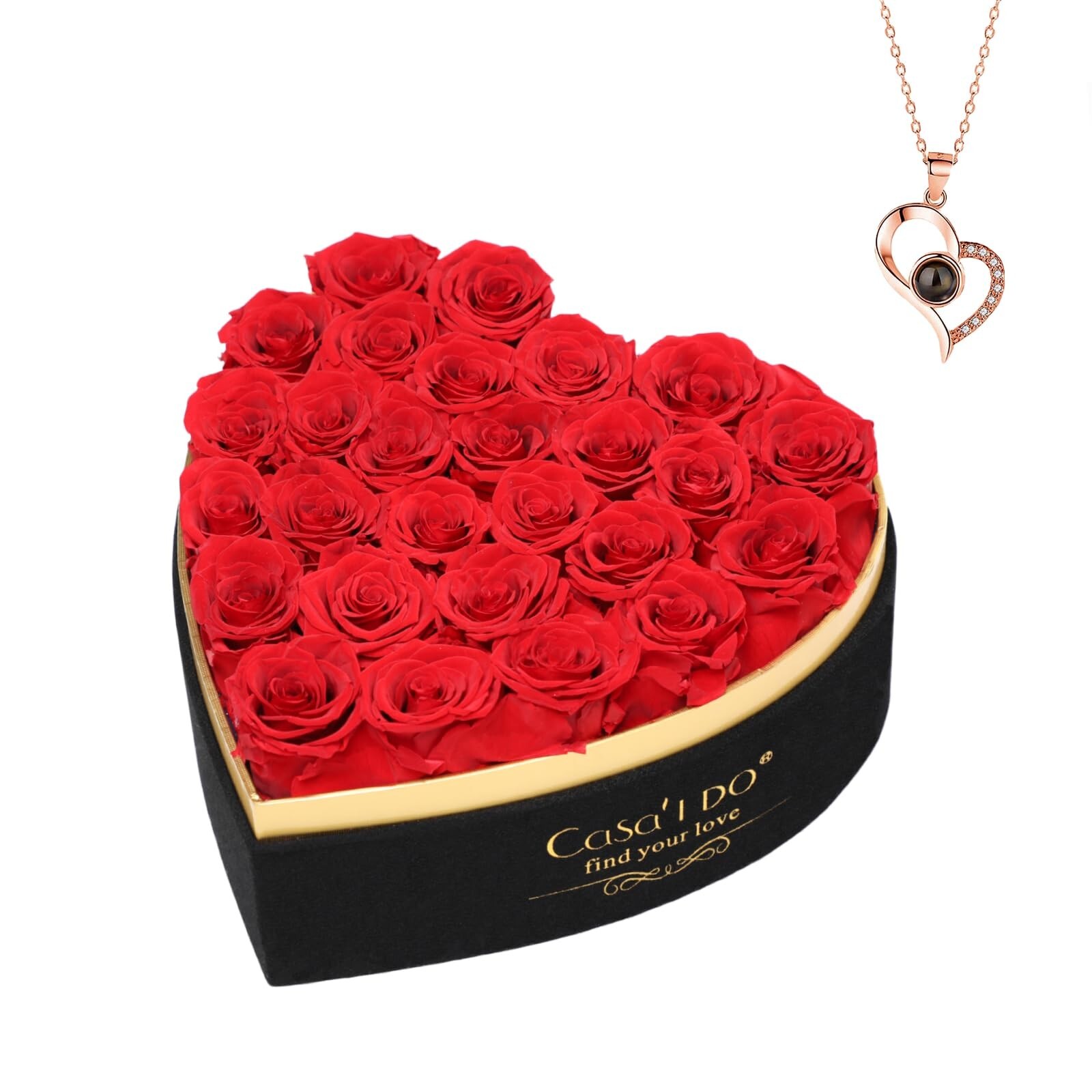 Forever Real Roses 27 Pcs, Preserved Flowers in Heart Shape Box with Necklace…