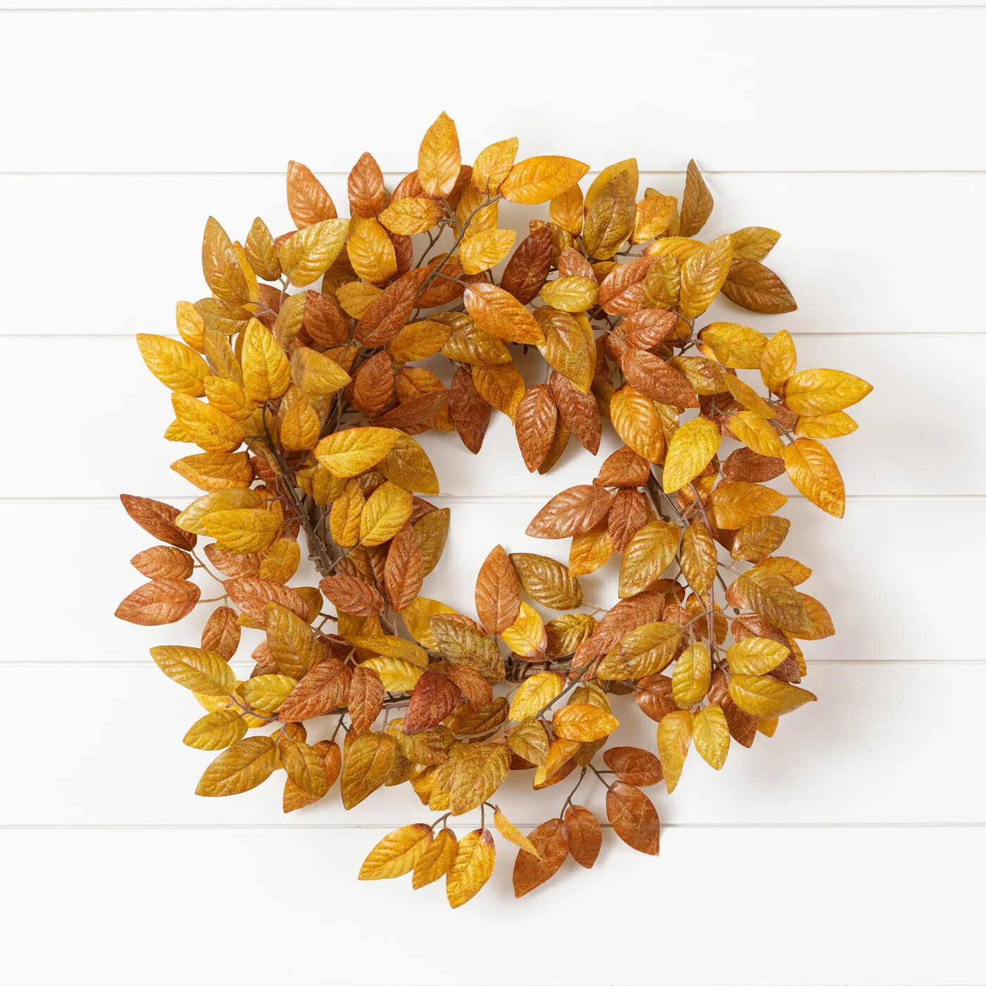 New Farmhouse Rustic Yellow Brown FALL BEECH LEAVES WREATH Ring 20″