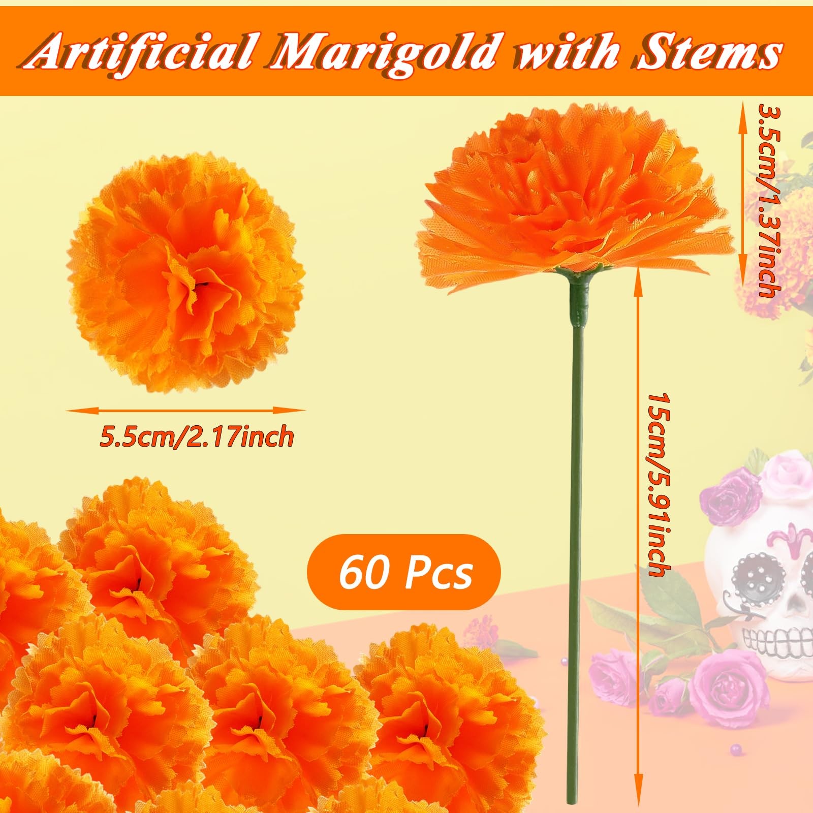 60 Pcs Marigold Flower Heads,Silk Artificial Marigold with Stems,Orange Fake …