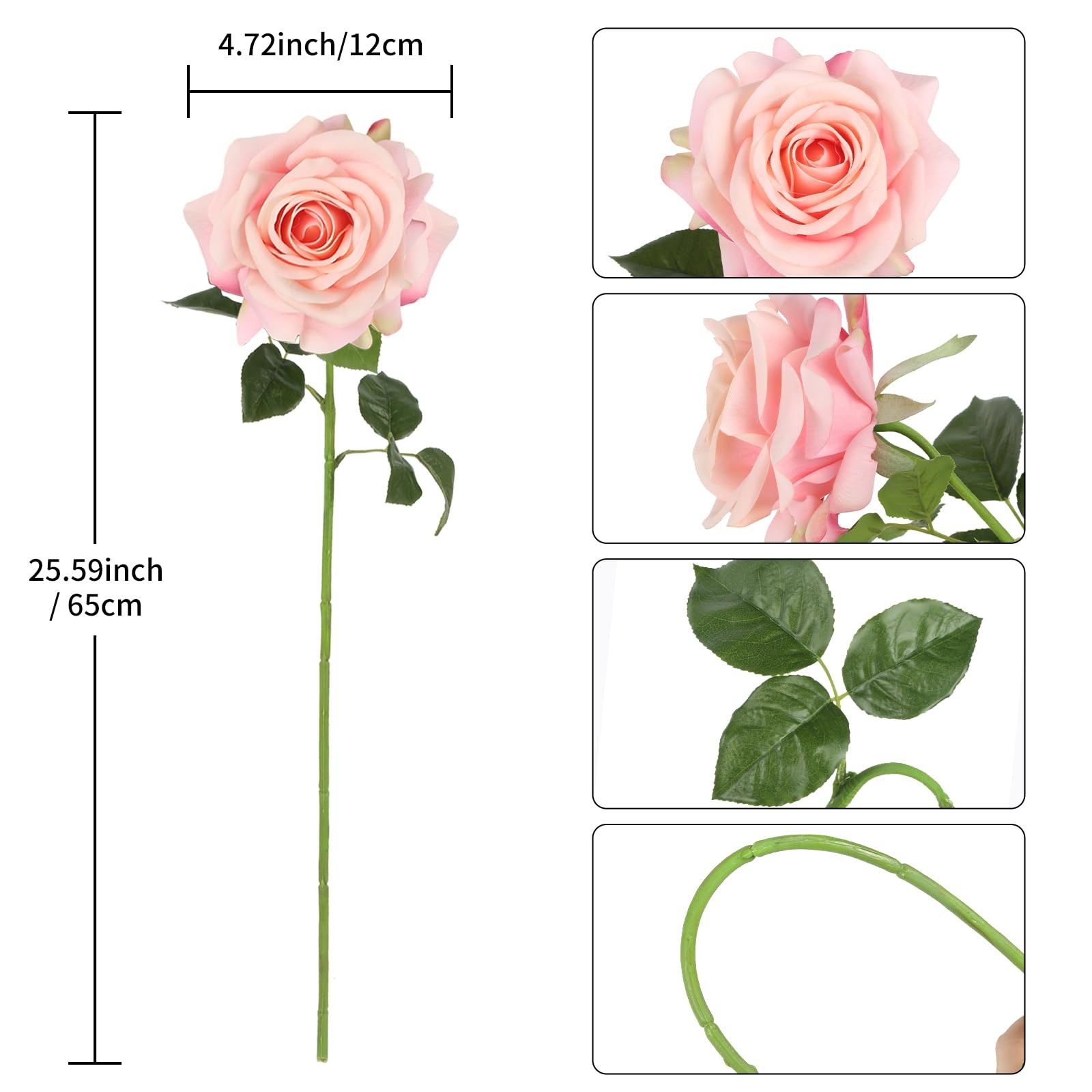 Real Touch Pink Rose Artificial Flowers 3Pcs Latex Faux Roses with Long Stem …