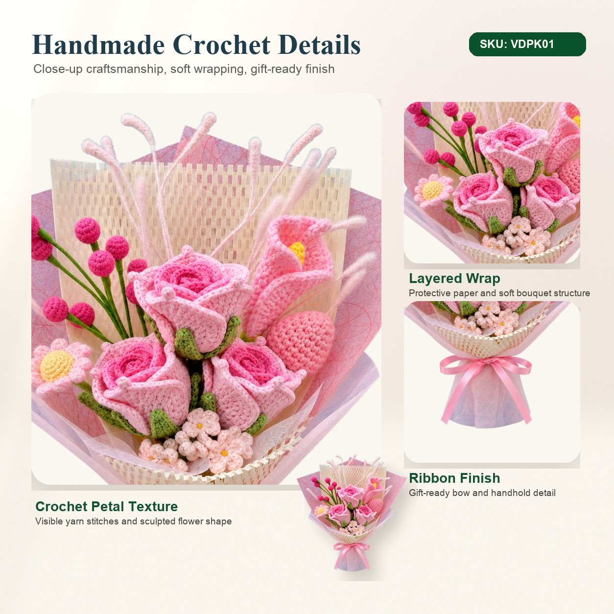 Pink Rose Crochet Bouquet Valentine Anniversary Gift for Her